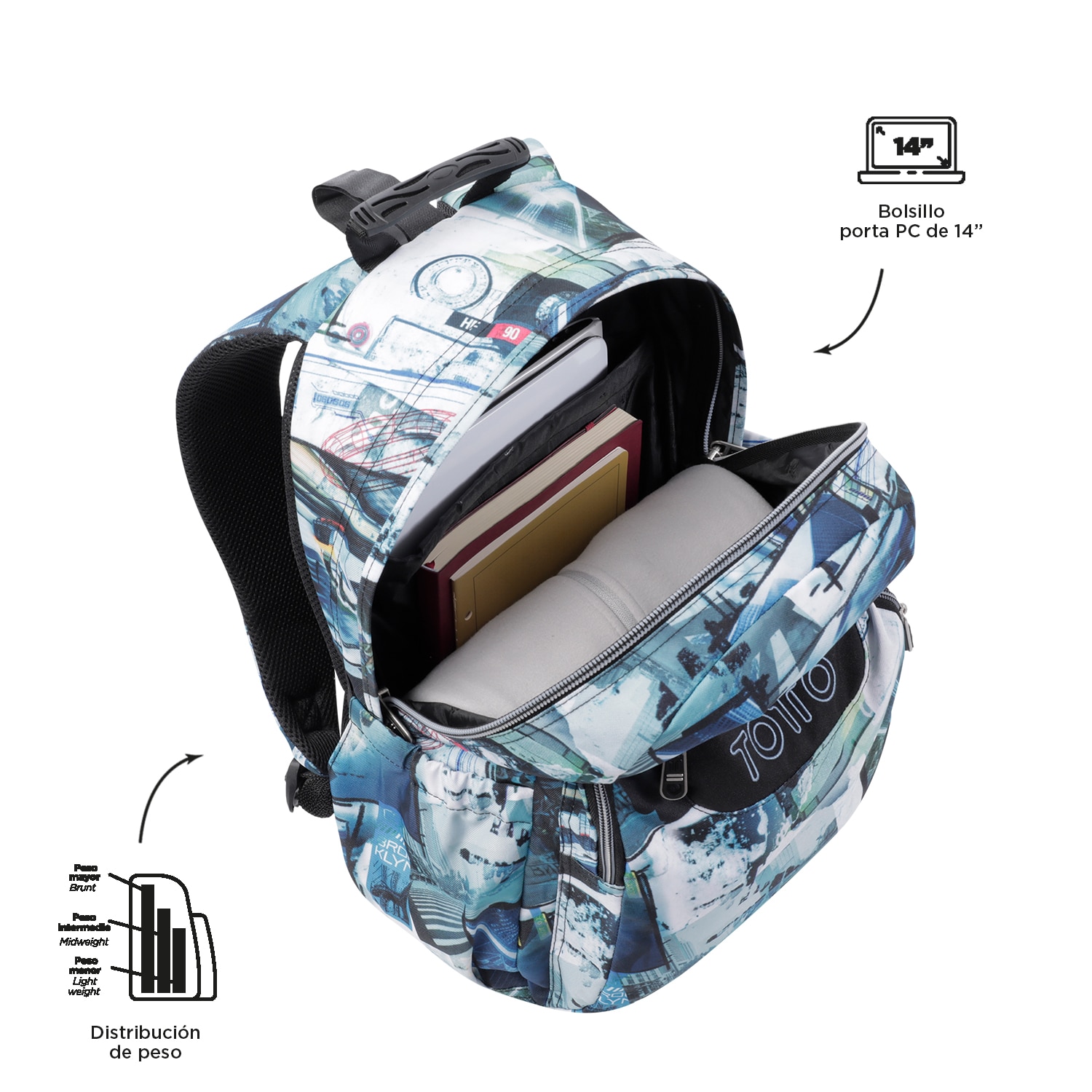 Mochila Totto Acuareles escolar adaptable a carro postales y casetes Estampado-4