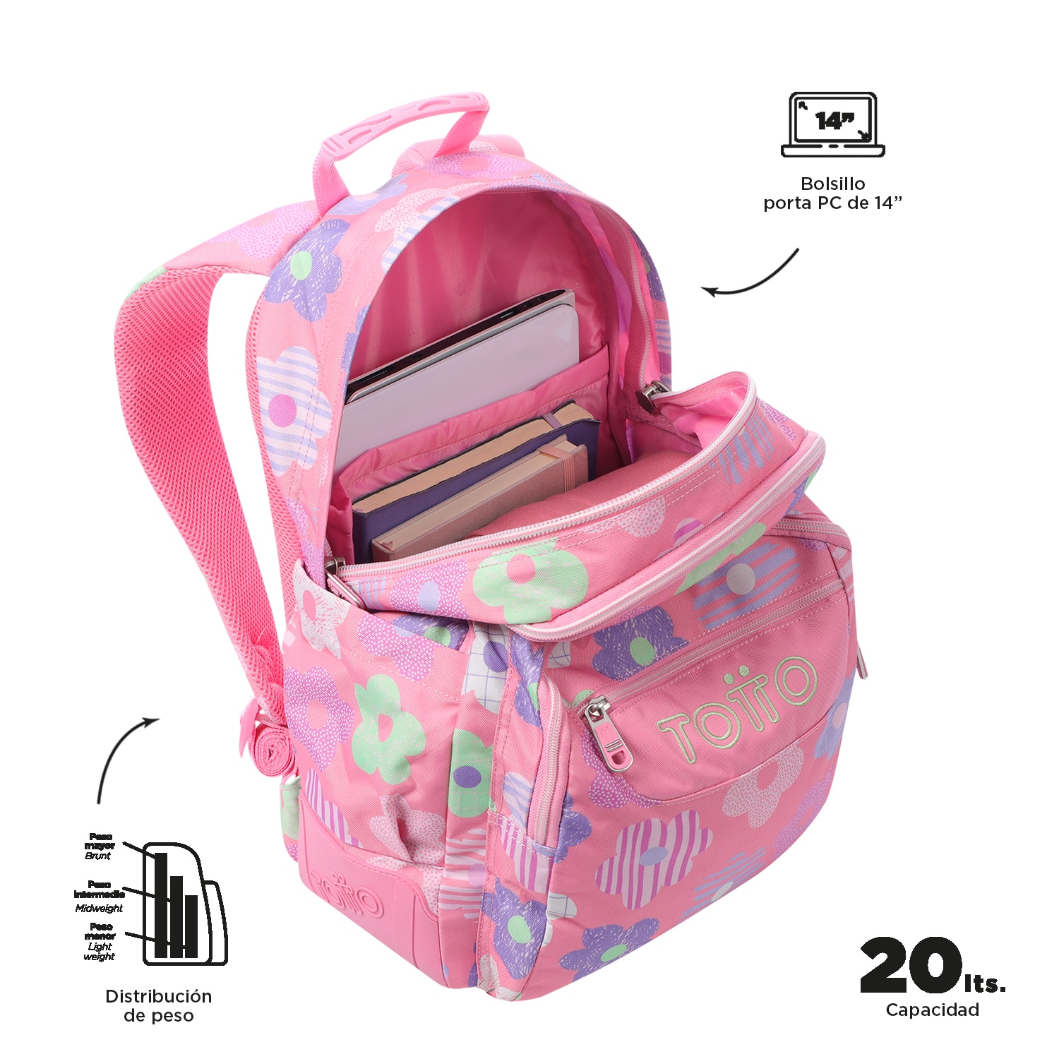 Mochila escolar totto rayol k-pop para portátil de 14” y capacidad 19l Rosa pastel-4