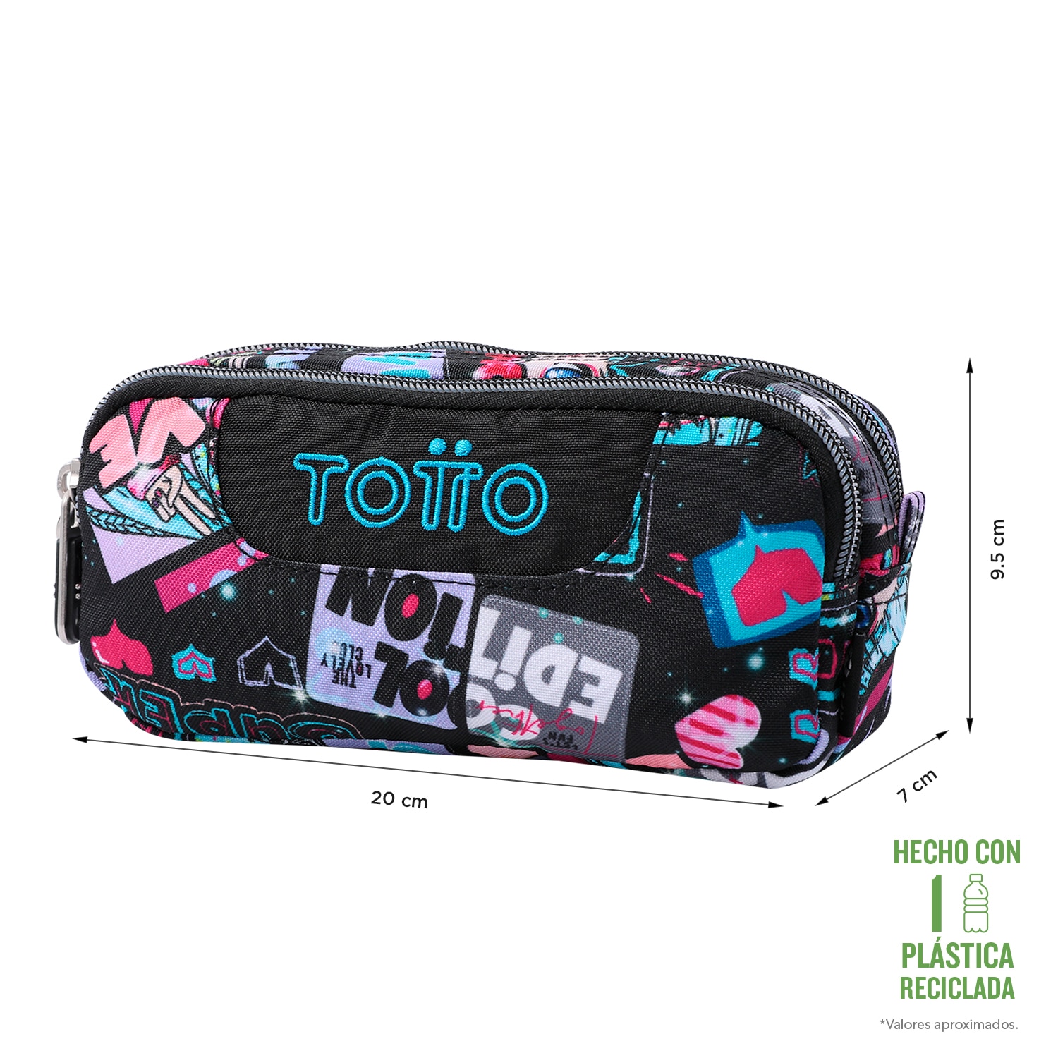 Estuche Totto Sobre escolar eco-friendly dos compartimentos Negro / Azul claro-2