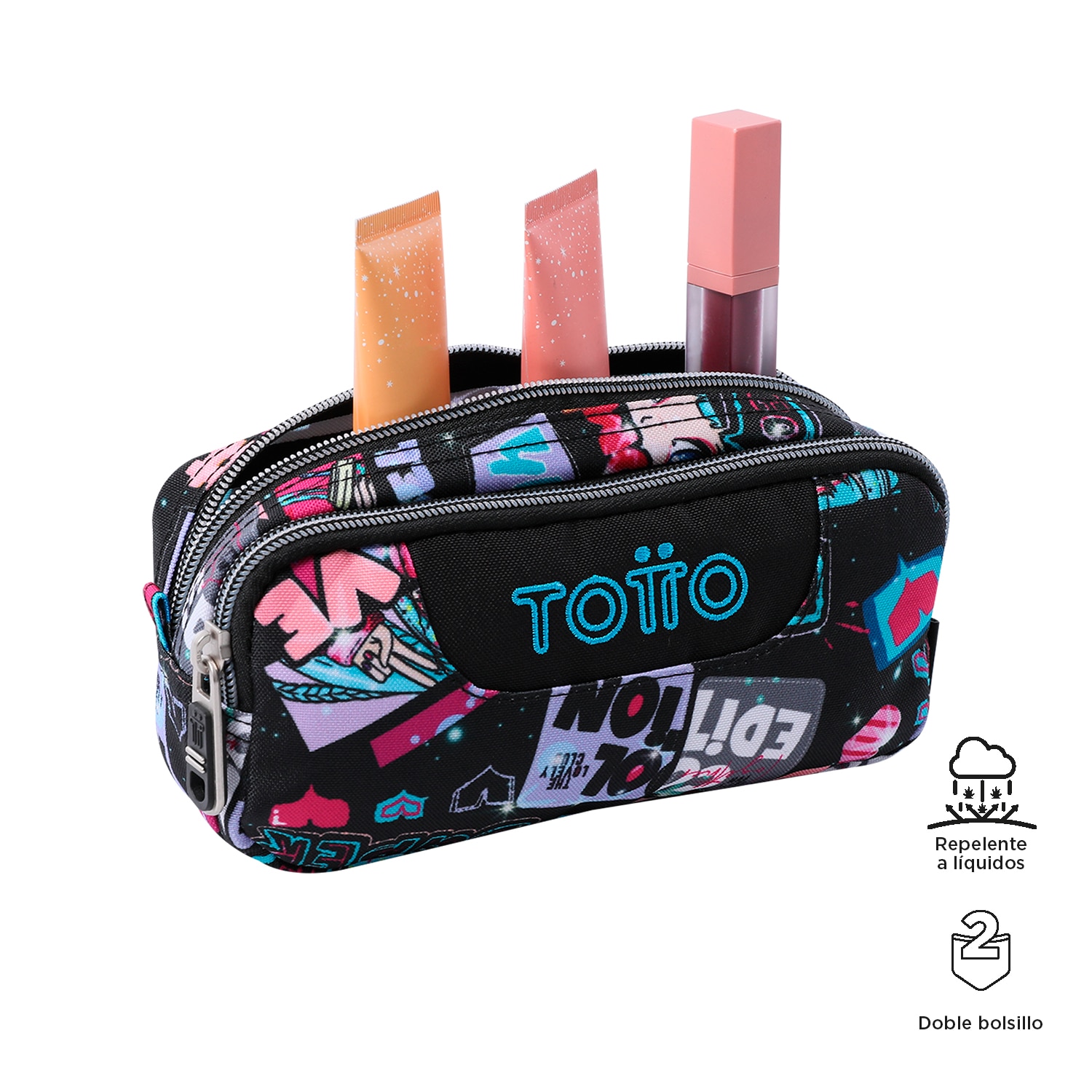 Estuche Totto Sobre escolar eco-friendly dos compartimentos Negro / Azul claro-3