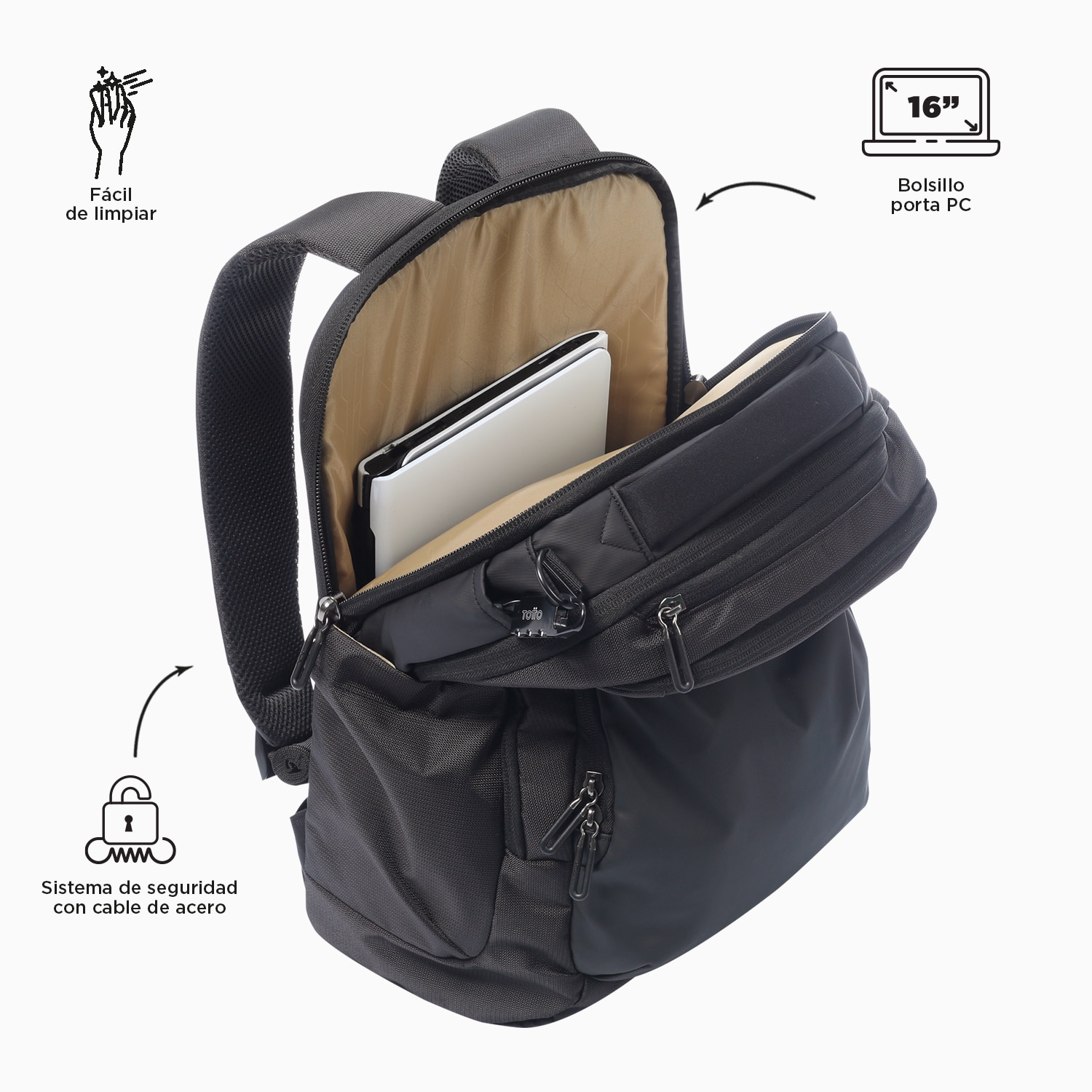 Mochila ejecutiva totto gtx 2.0 para portátil de 16” y bolsillo secreto Negro-4
