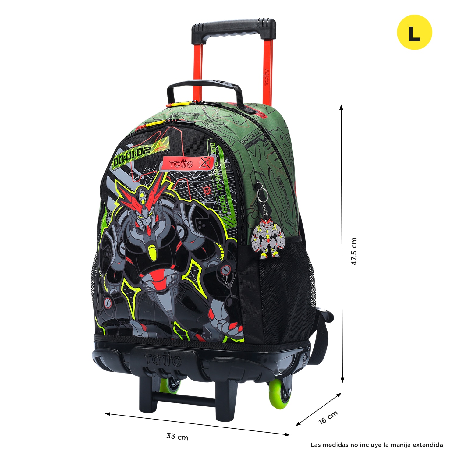 Mochila infantil ruedas totto argon con bolsillo para botella y correas acolchadas Verde-2