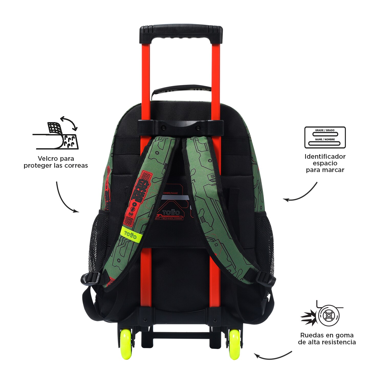 Mochila infantil ruedas totto argon con bolsillo para botella y correas acolchadas Verde-3