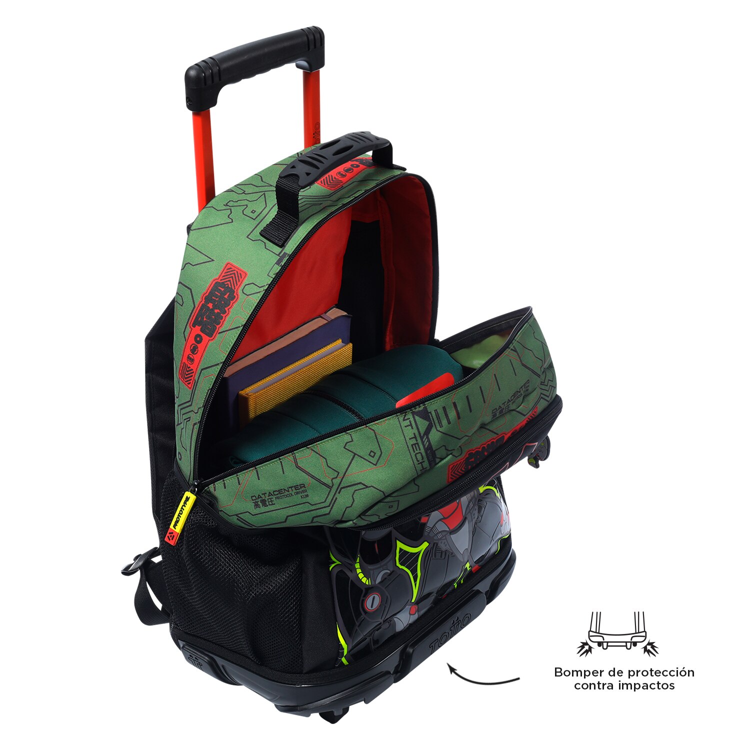 Mochila infantil ruedas totto argon con bolsillo para botella y correas acolchadas Verde-4