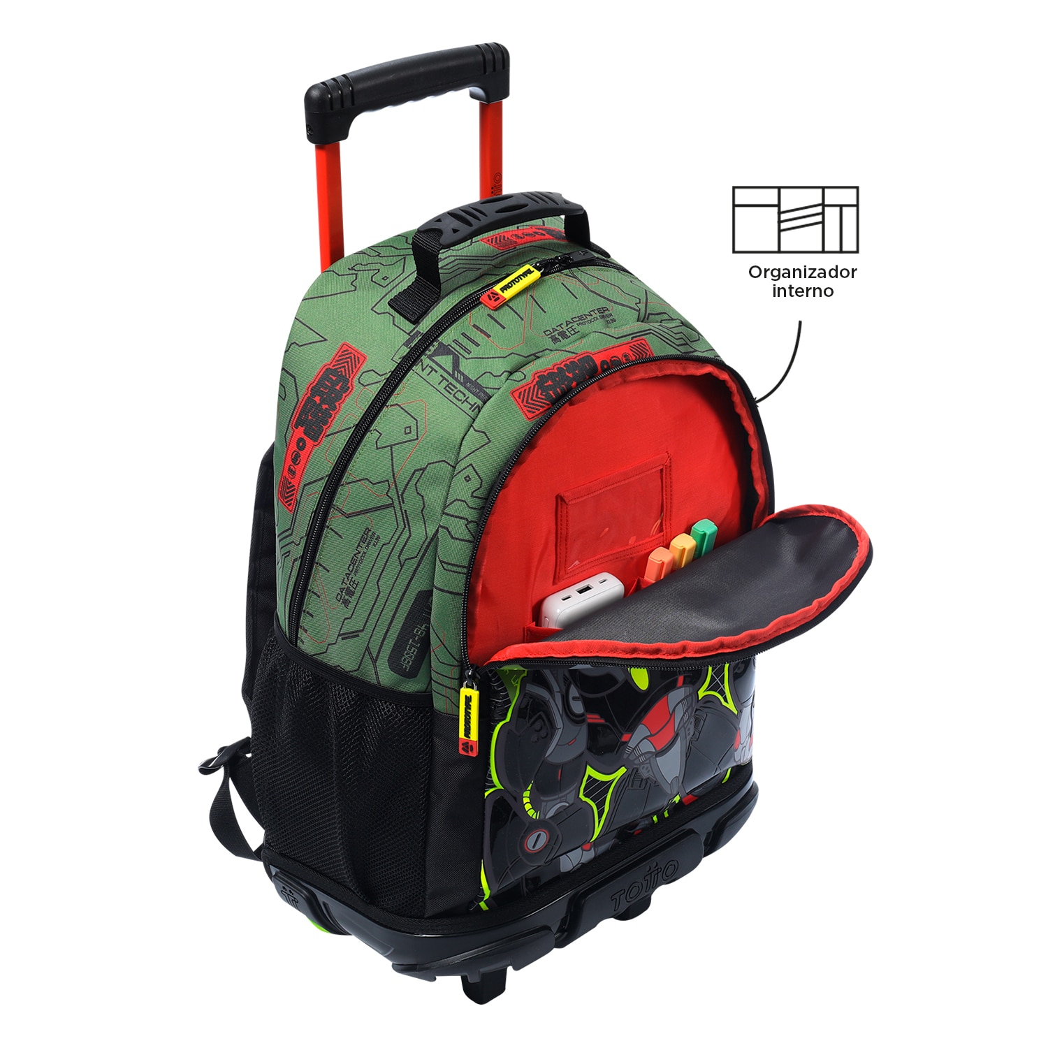 Mochila infantil ruedas totto argon con bolsillo para botella y correas acolchadas Verde-5