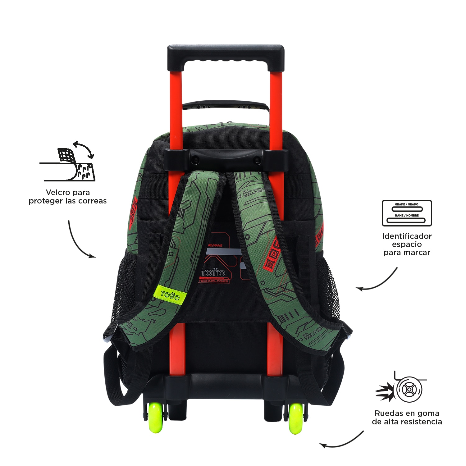 Mochila infantil ruedas totto argon con bolsillo para botella y correas acolchadas Verde-3