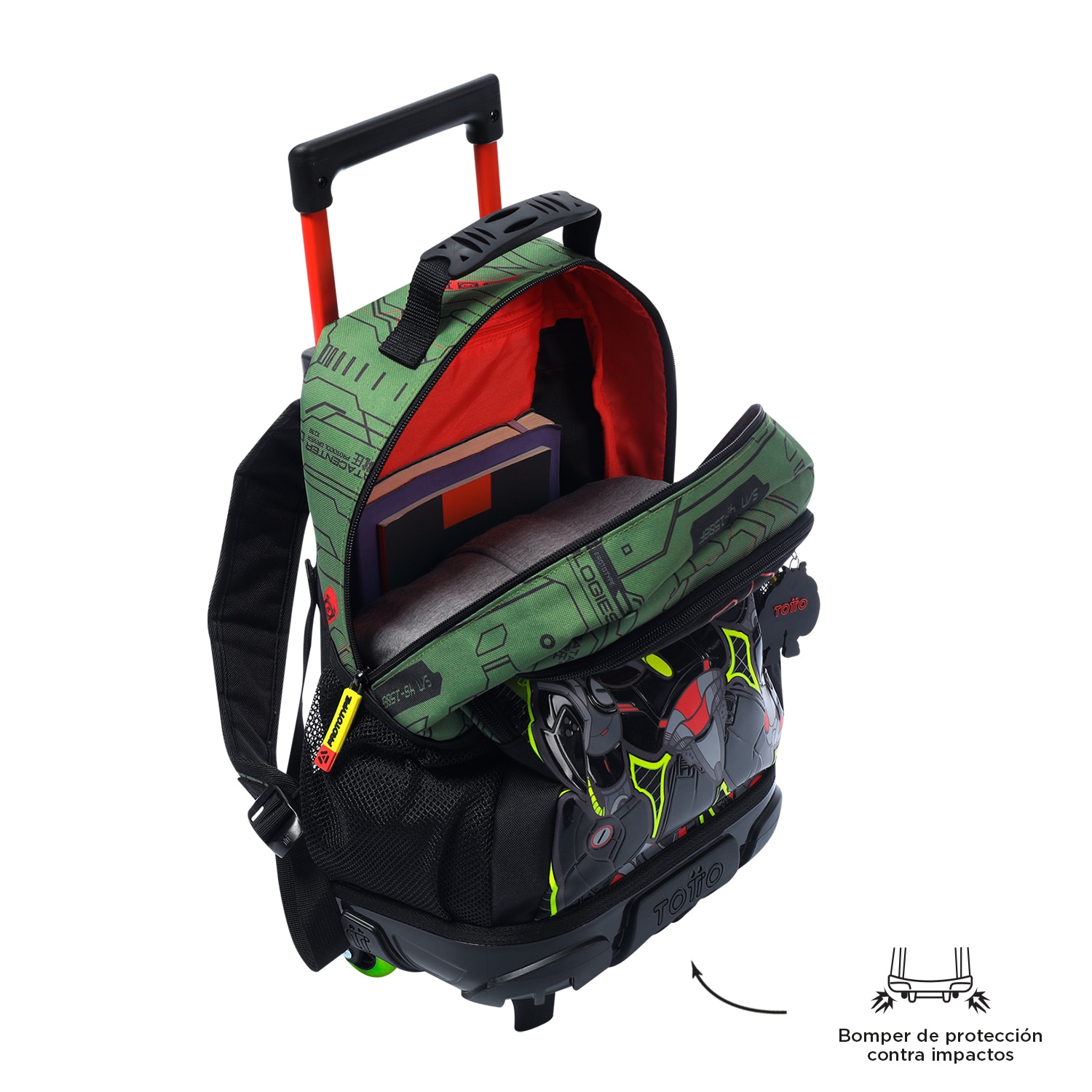 Mochila infantil ruedas totto argon con bolsillo para botella y correas acolchadas Verde-4
