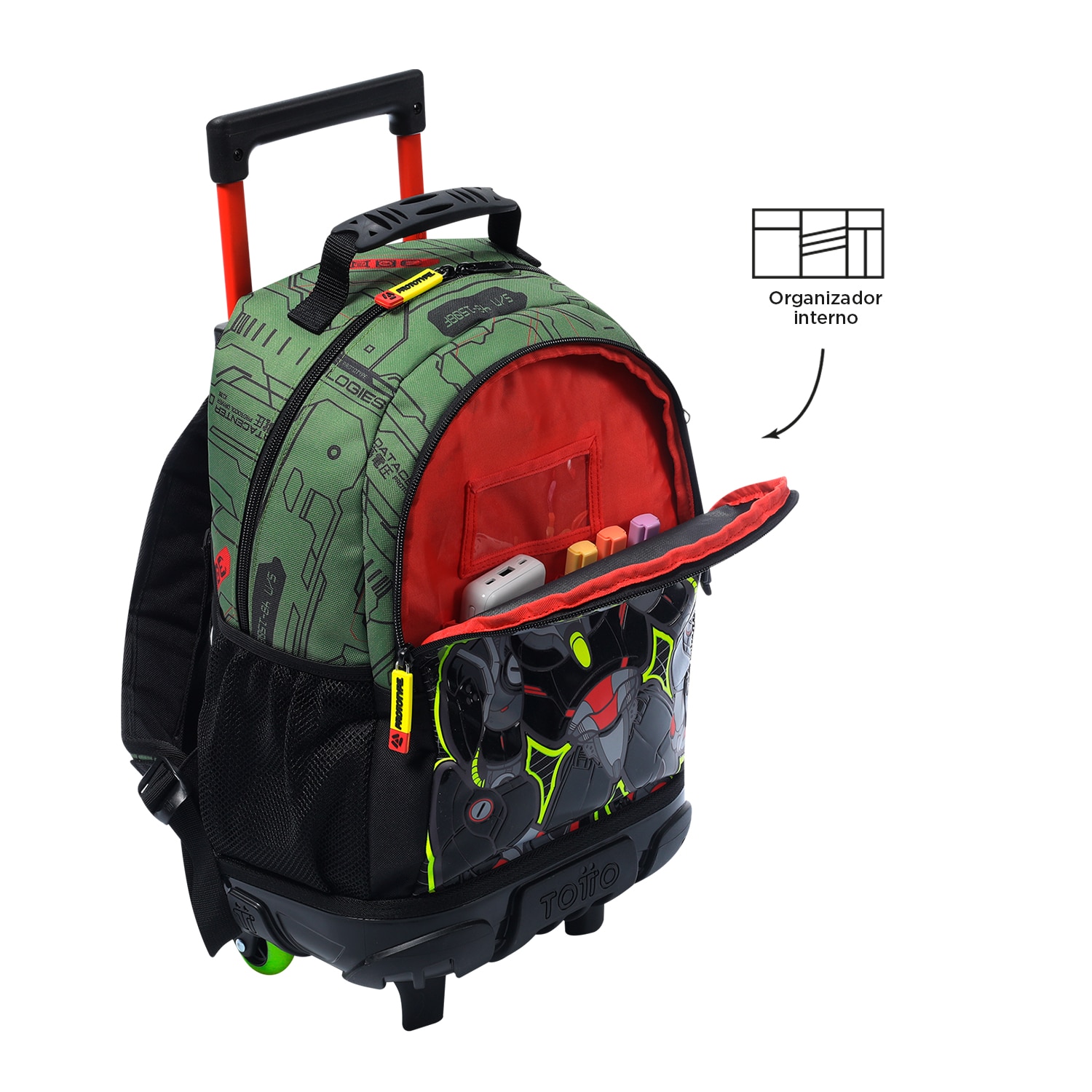 Mochila infantil ruedas totto argon con bolsillo para botella y correas acolchadas Verde-5