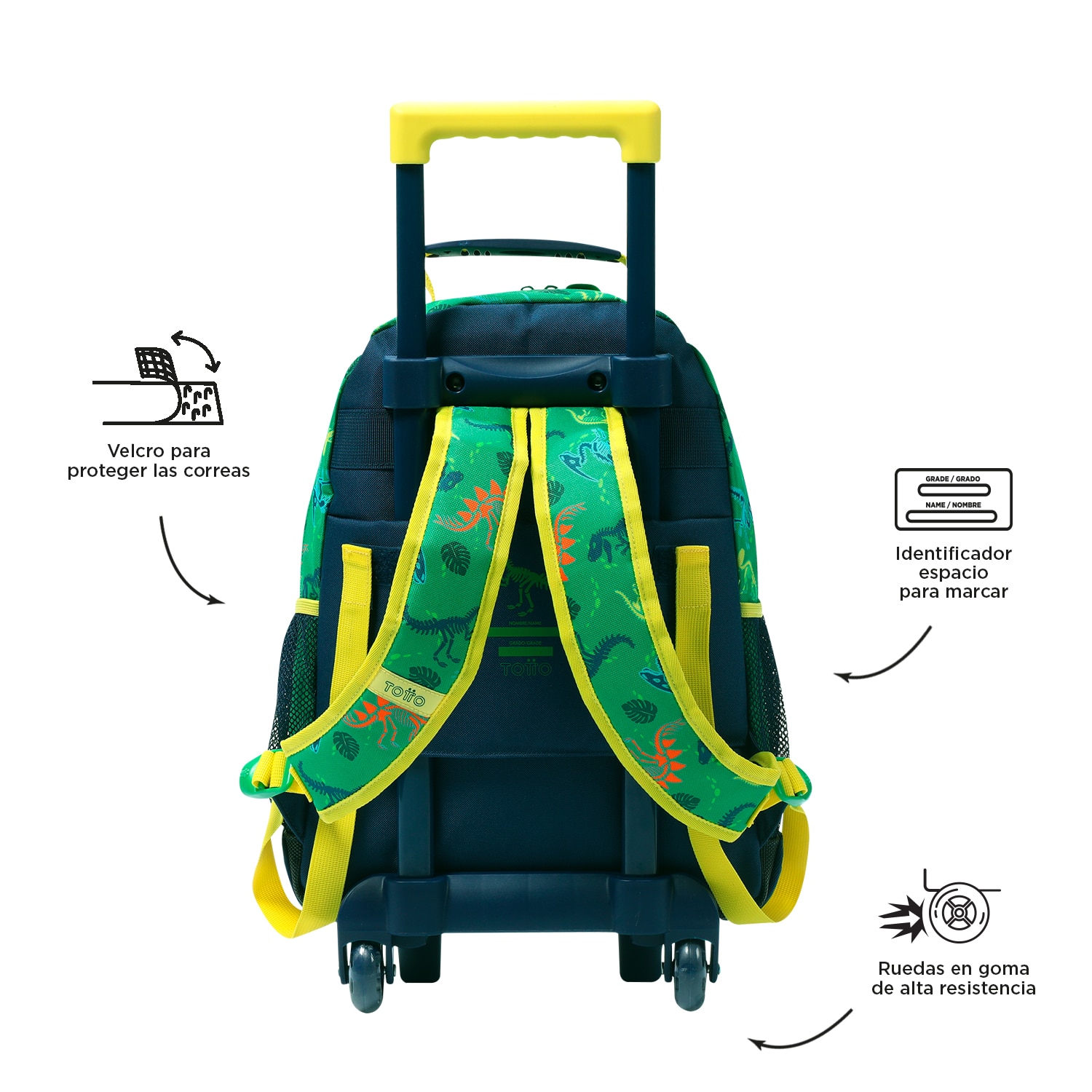 Mochila infantil ruedas totto dinomax con bolsillo para botella y correas acolchadas Negro / Naranja-3