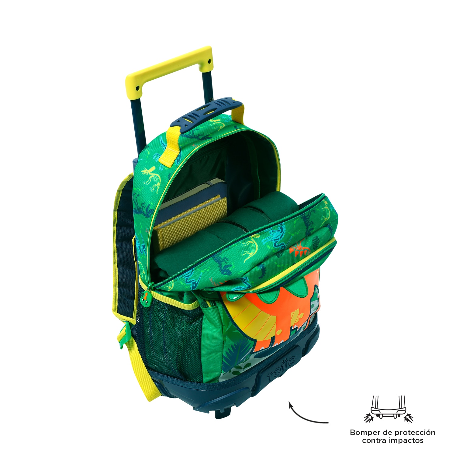 Mochila infantil ruedas totto dinomax con bolsillo para botella y correas acolchadas Negro / Naranja-4