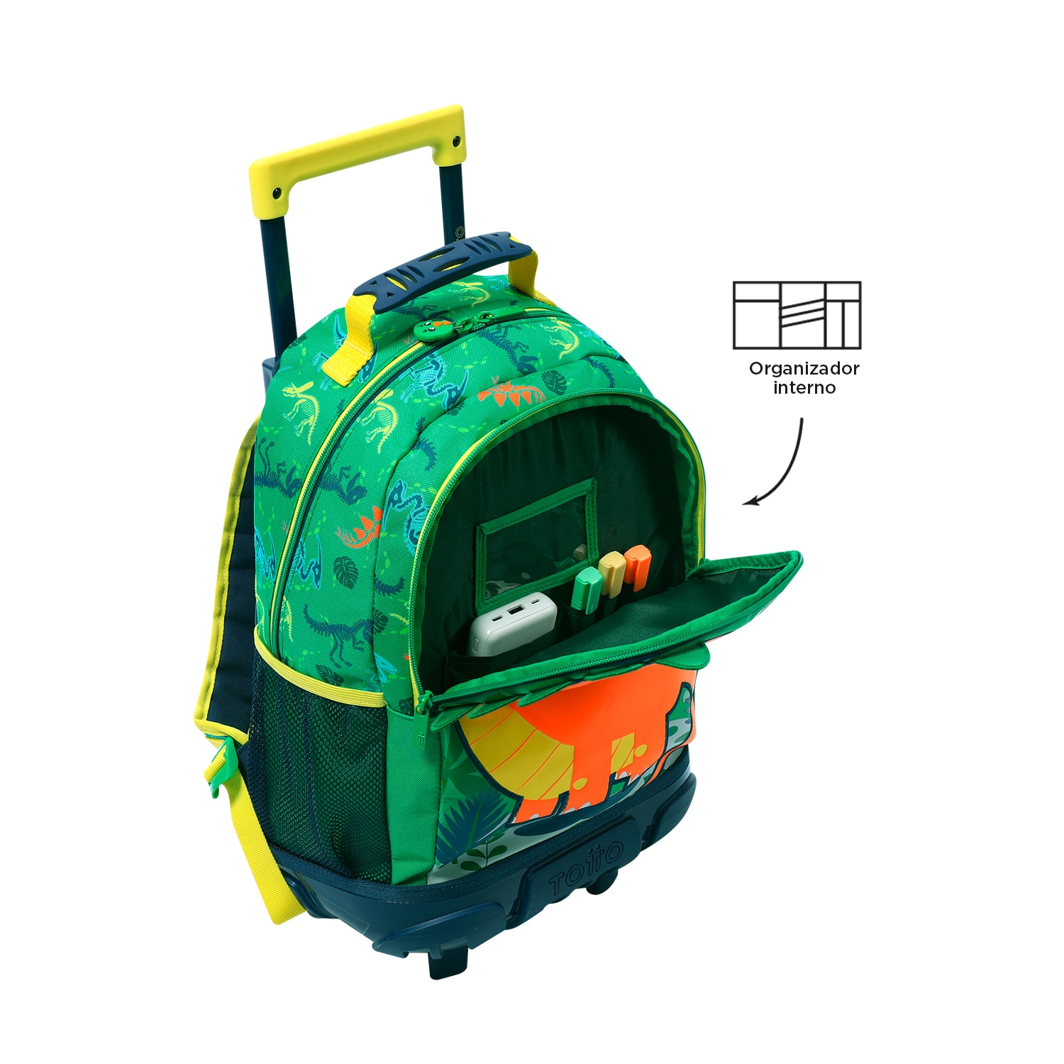 Mochila infantil ruedas totto dinomax con bolsillo para botella y correas acolchadas Negro / Naranja-5