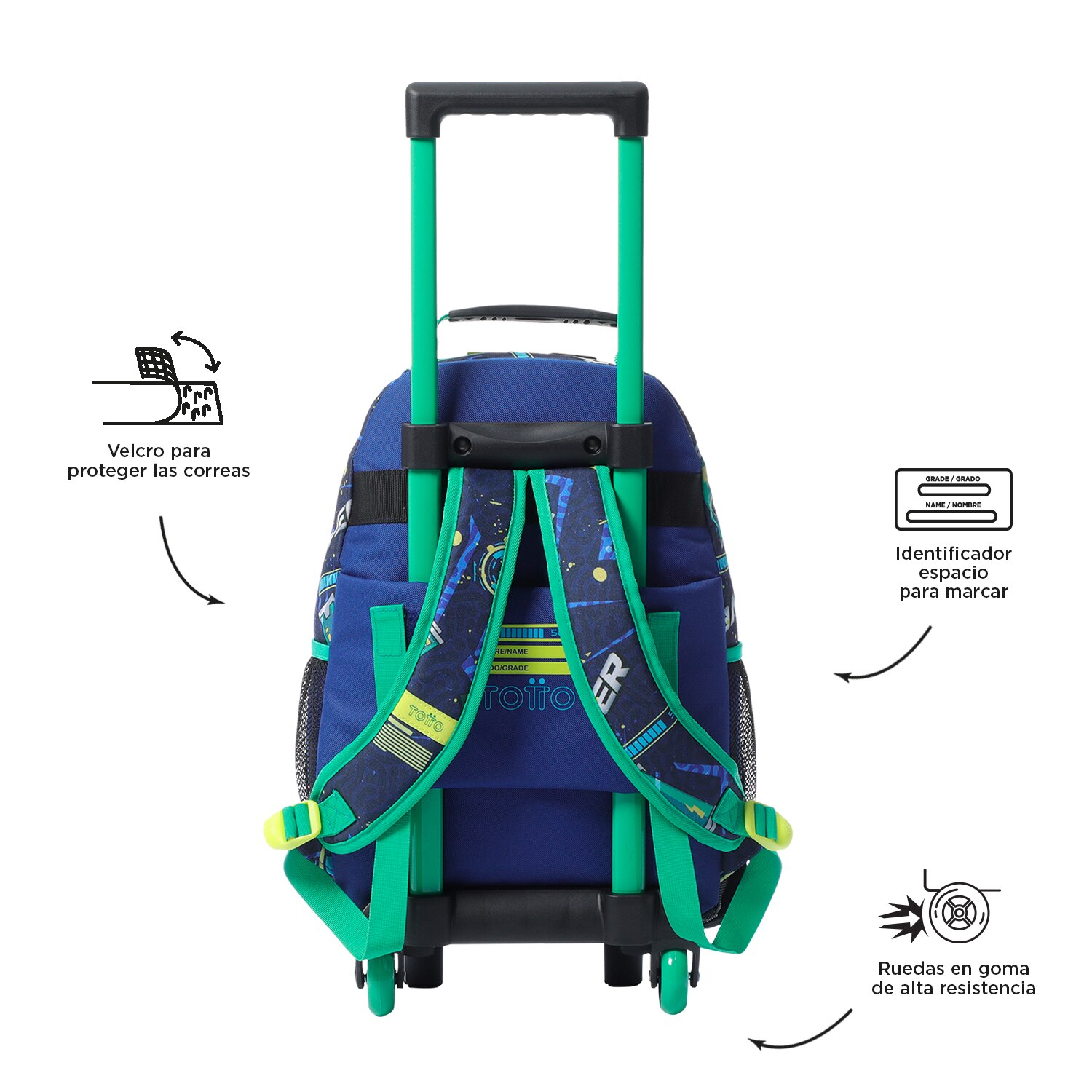 Mochila infantil ruedas totto kong lab con bolsillo para botella y correas acolchadas Azul oscuro-3