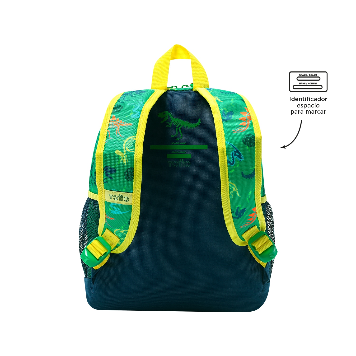 Imagen 3 de Mochila infantil totto dinomax con bolsillo para botella y bolsillos laterales Negro / Naranja