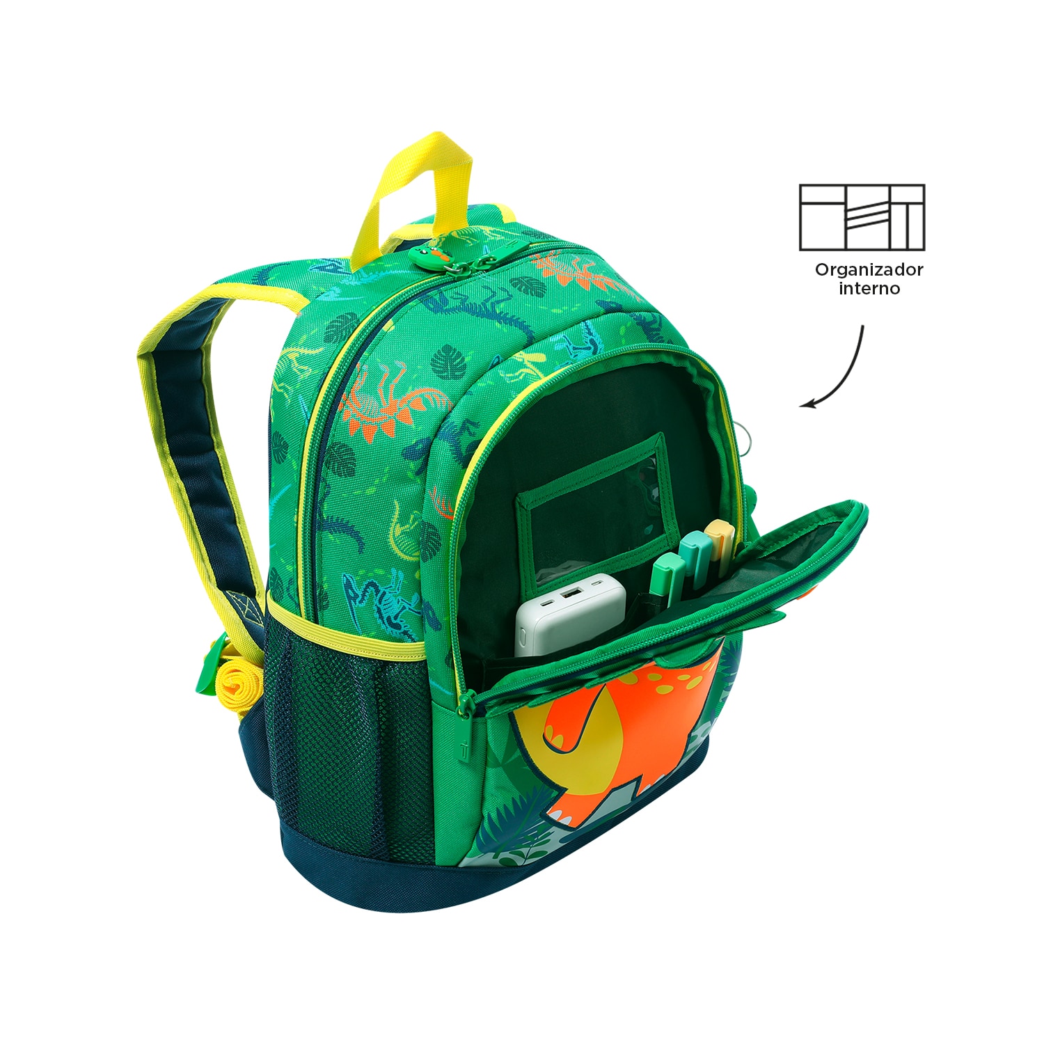 Imagen 4 de Mochila infantil totto dinomax con bolsillo para botella y bolsillos laterales Negro / Naranja