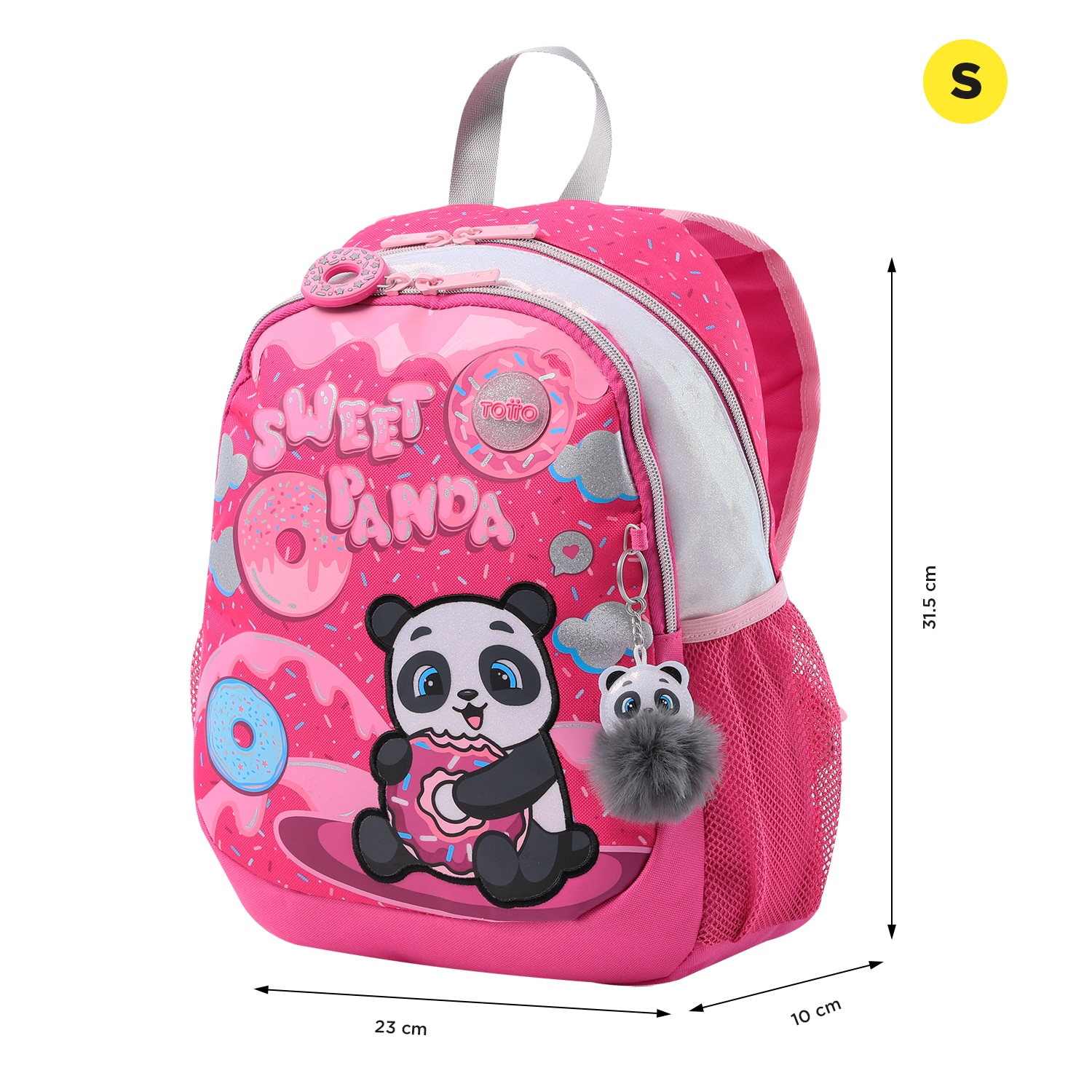 Mochila infantil totto sweet panda con bolsillo para botella y bolsillos laterales Rosa-2
