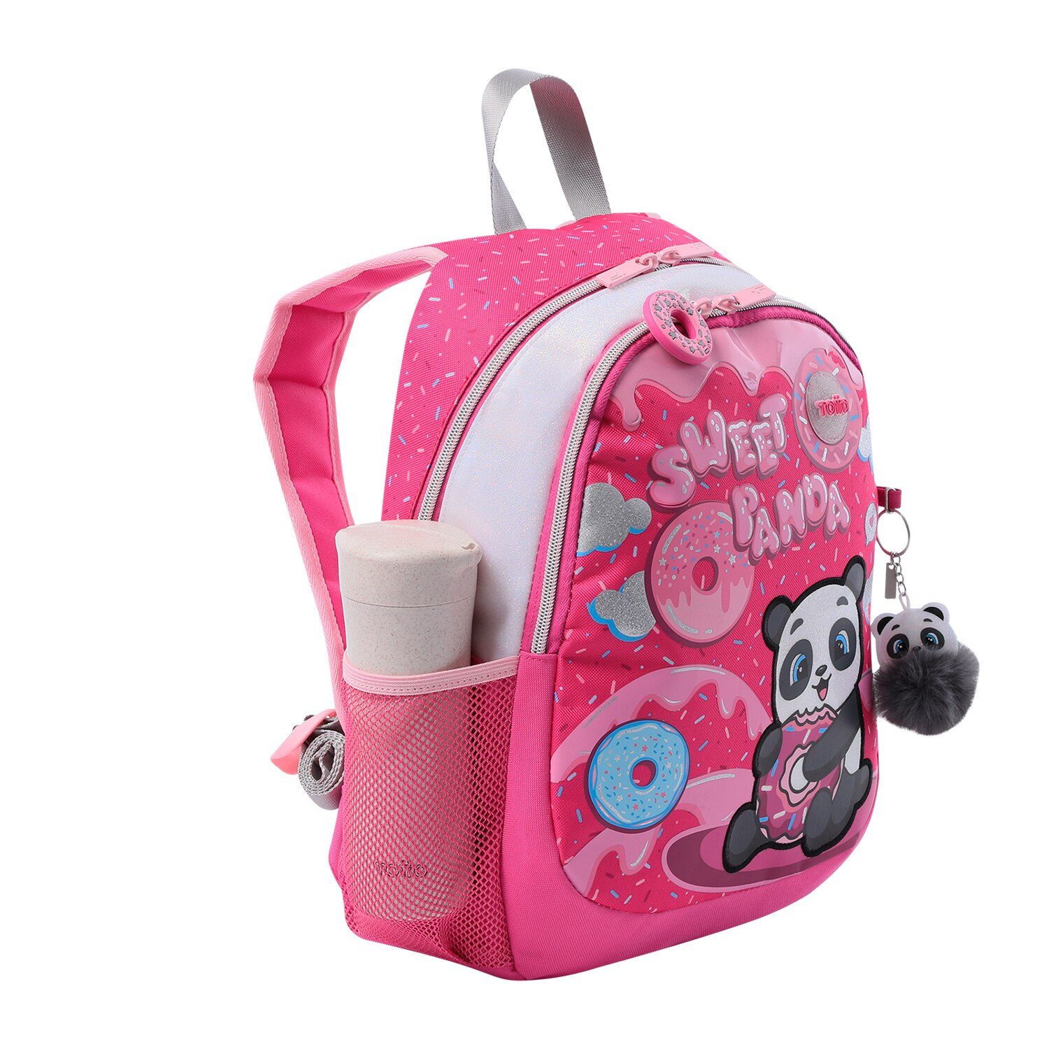 Mochila infantil totto sweet panda con bolsillo para botella y bolsillos laterales Rosa-6