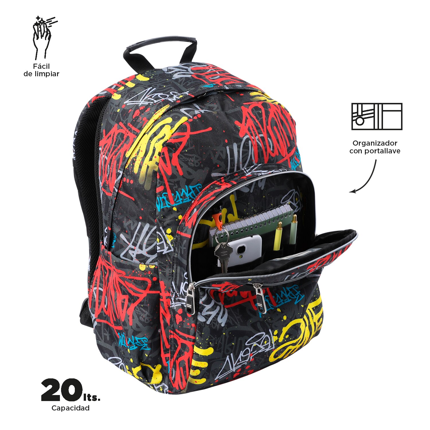 Imagen 5 de Mochila escolar totto acuareles grafil para portátil de 14” y adaptable a carro Negro / Rojo