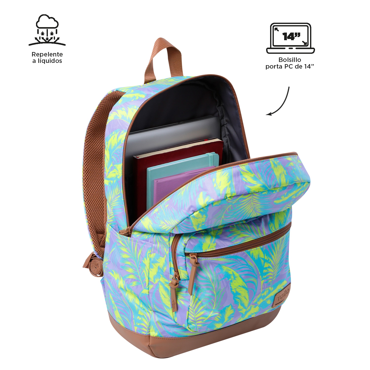 Mochila urbana totto tocax para portátil de 14” y bolsillo para botella Morado / Verde claro-4