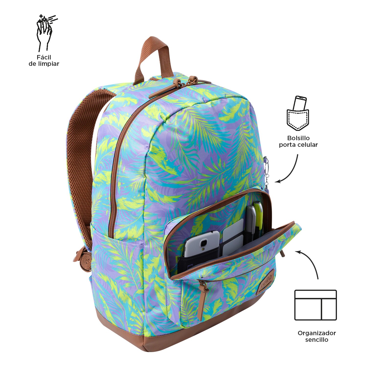 Mochila urbana totto tocax para portátil de 14” y bolsillo para botella Morado / Verde claro-5