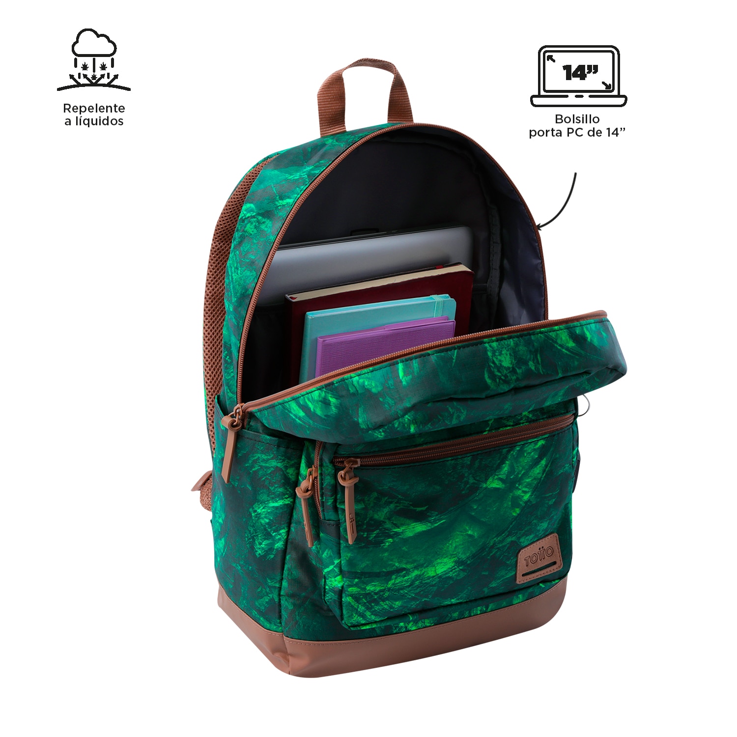 Mochila urbana totto tocax para portátil de 14” y bolsillo para botella Verde-4