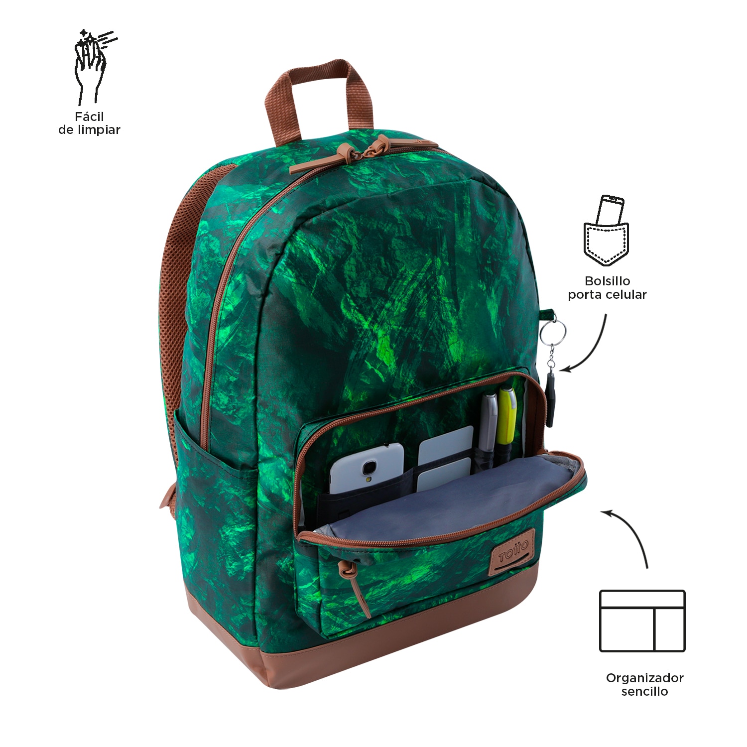 Mochila urbana totto tocax para portátil de 14” y bolsillo para botella Verde-5