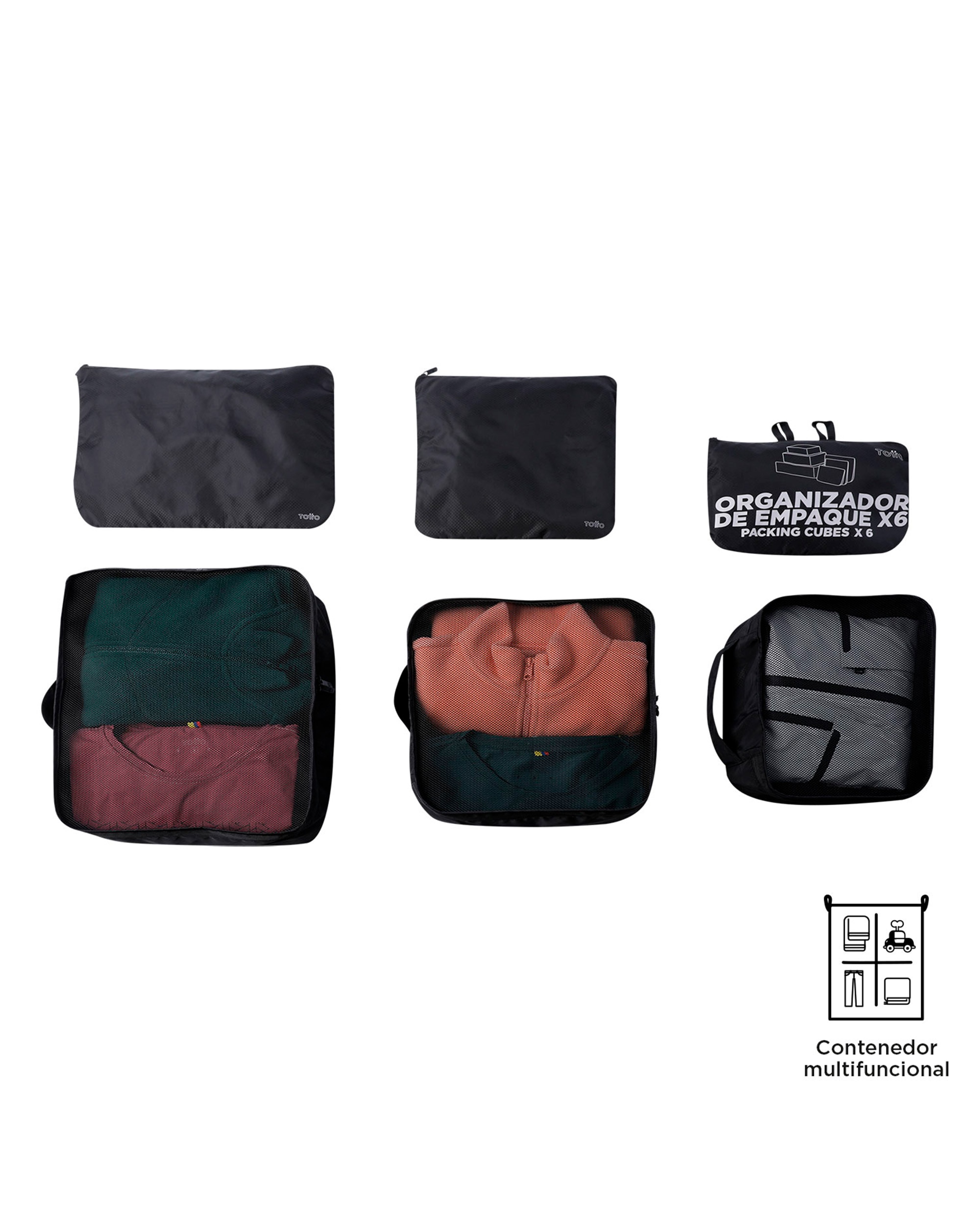 Organizador de viaje Packing Cube X6 con capacidad 8 L - Totto - Negro Negro-2