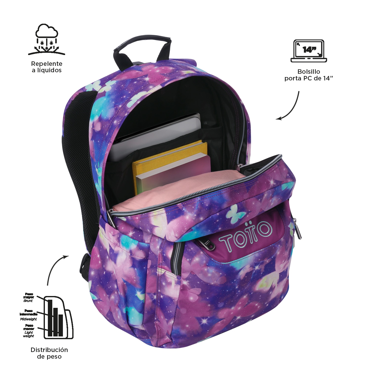 Mochila Totto Acuareles adaptable a carro PC 14' con capacidad de 20L Morado-4