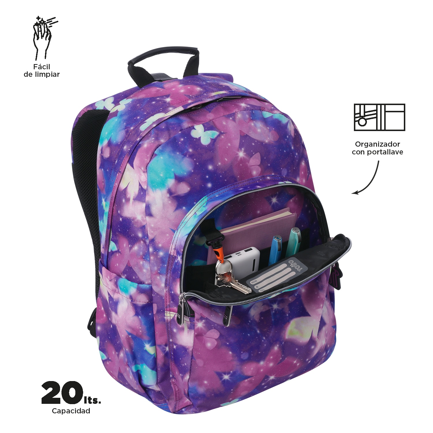 Mochila Totto Acuareles adaptable a carro PC 14' con capacidad de 20L Morado-5