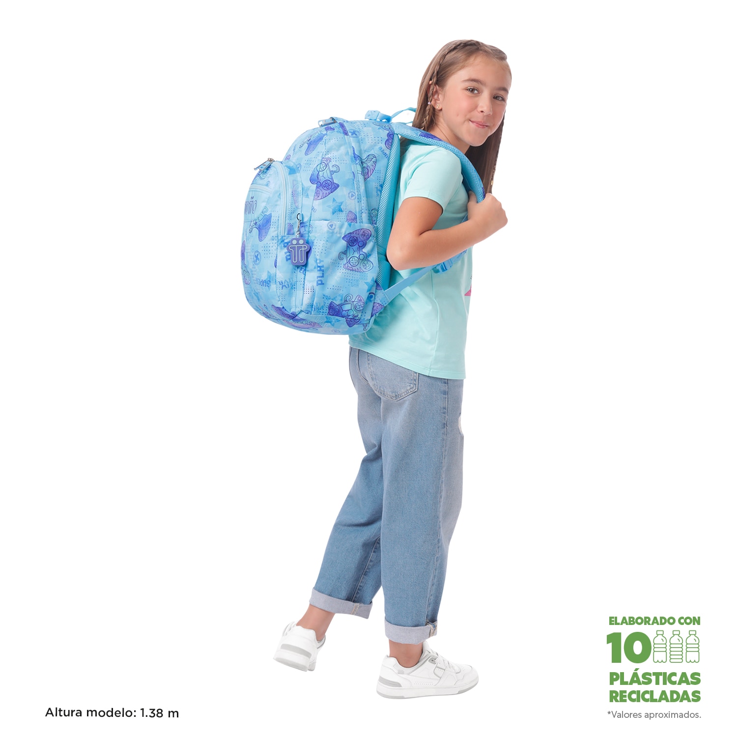 Imagen 2 de Mochila escolar totto acuareles polar para portátil de 14” y adaptable a carro Azul claro