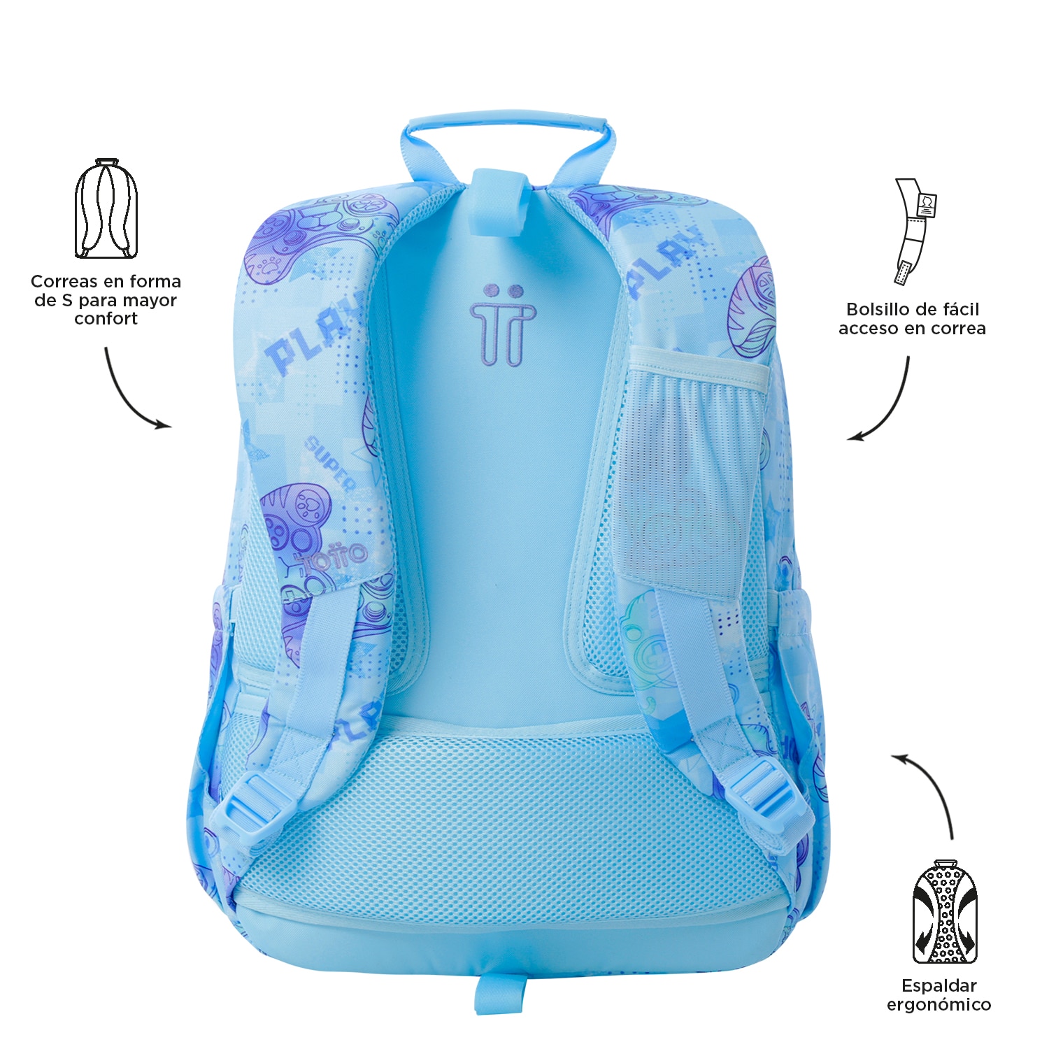 Imagen 4 de Mochila escolar totto acuareles polar para portátil de 14” y adaptable a carro Azul claro