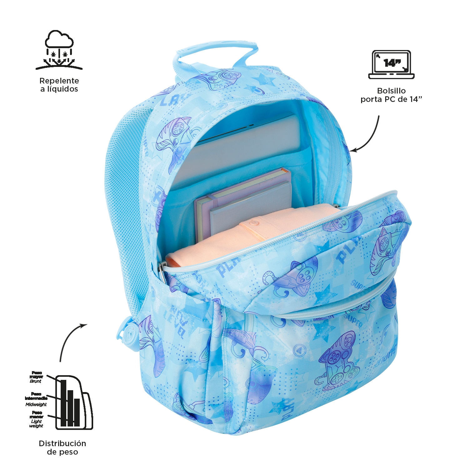 Imagen 5 de Mochila escolar totto acuareles polar para portátil de 14” y adaptable a carro Azul claro