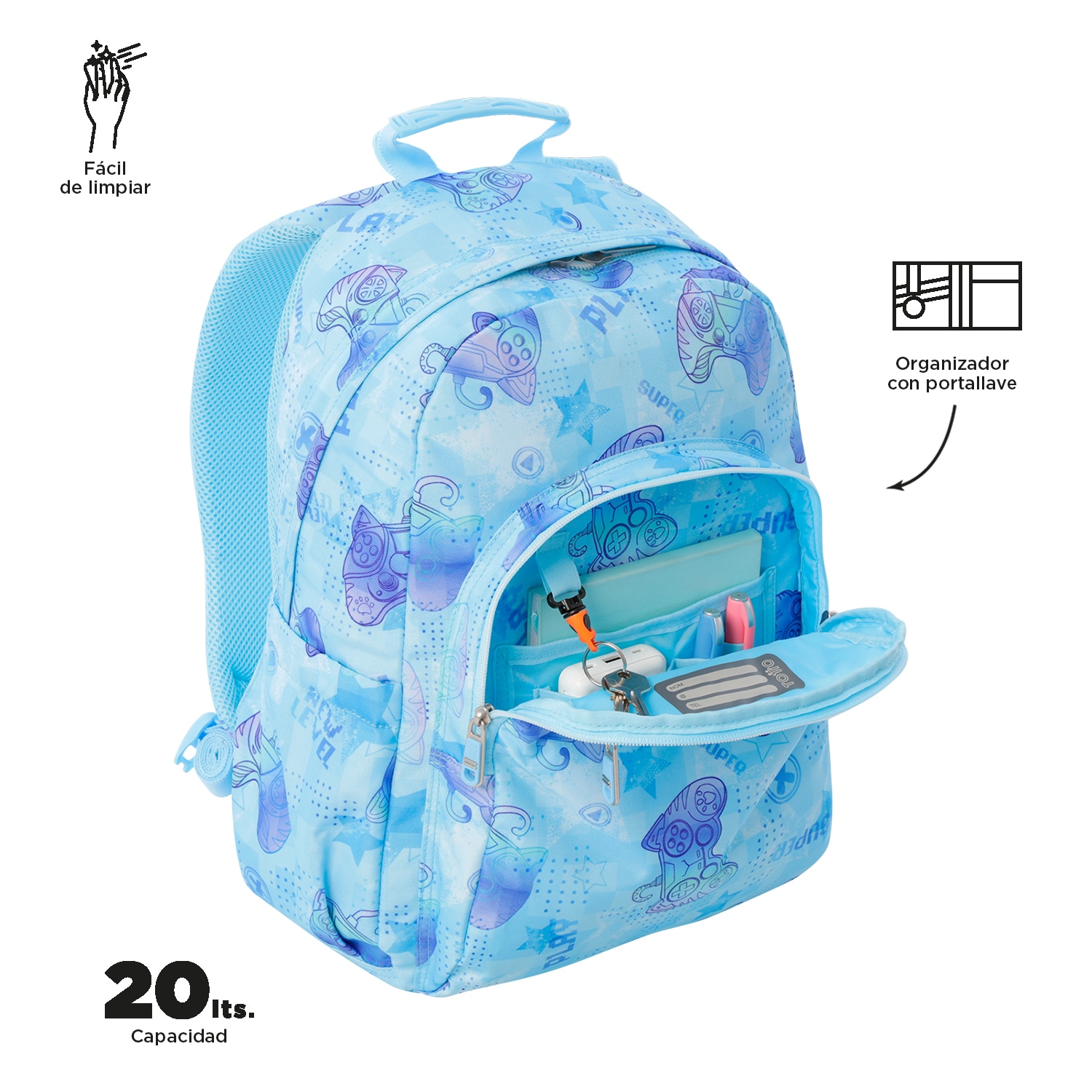 Imagen 6 de Mochila escolar totto acuareles polar para portátil de 14” y adaptable a carro Azul claro