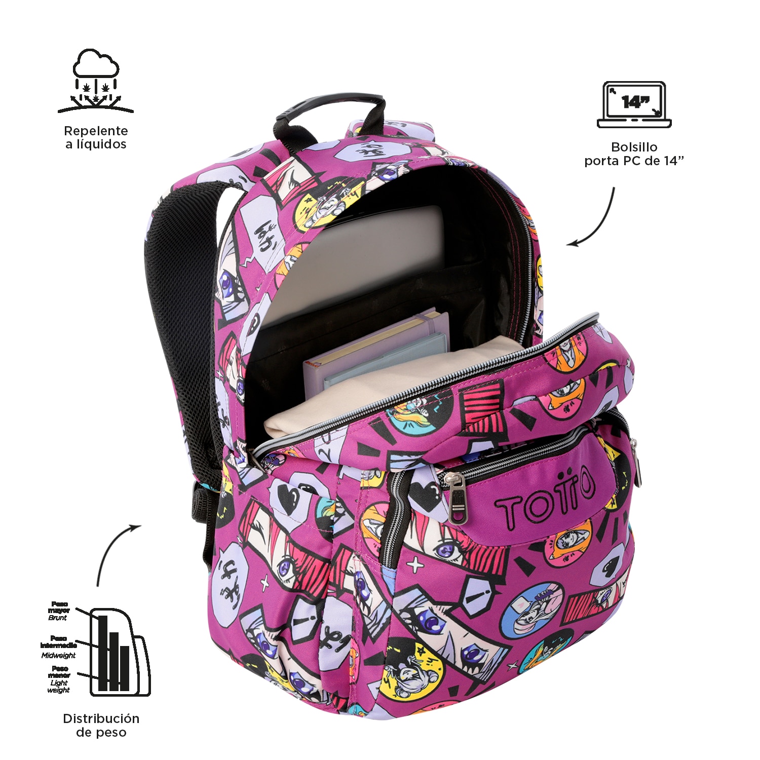 Imagen 4 de Mochila urbana totto acuareles kitsune con ruedas y organizador interior Morado