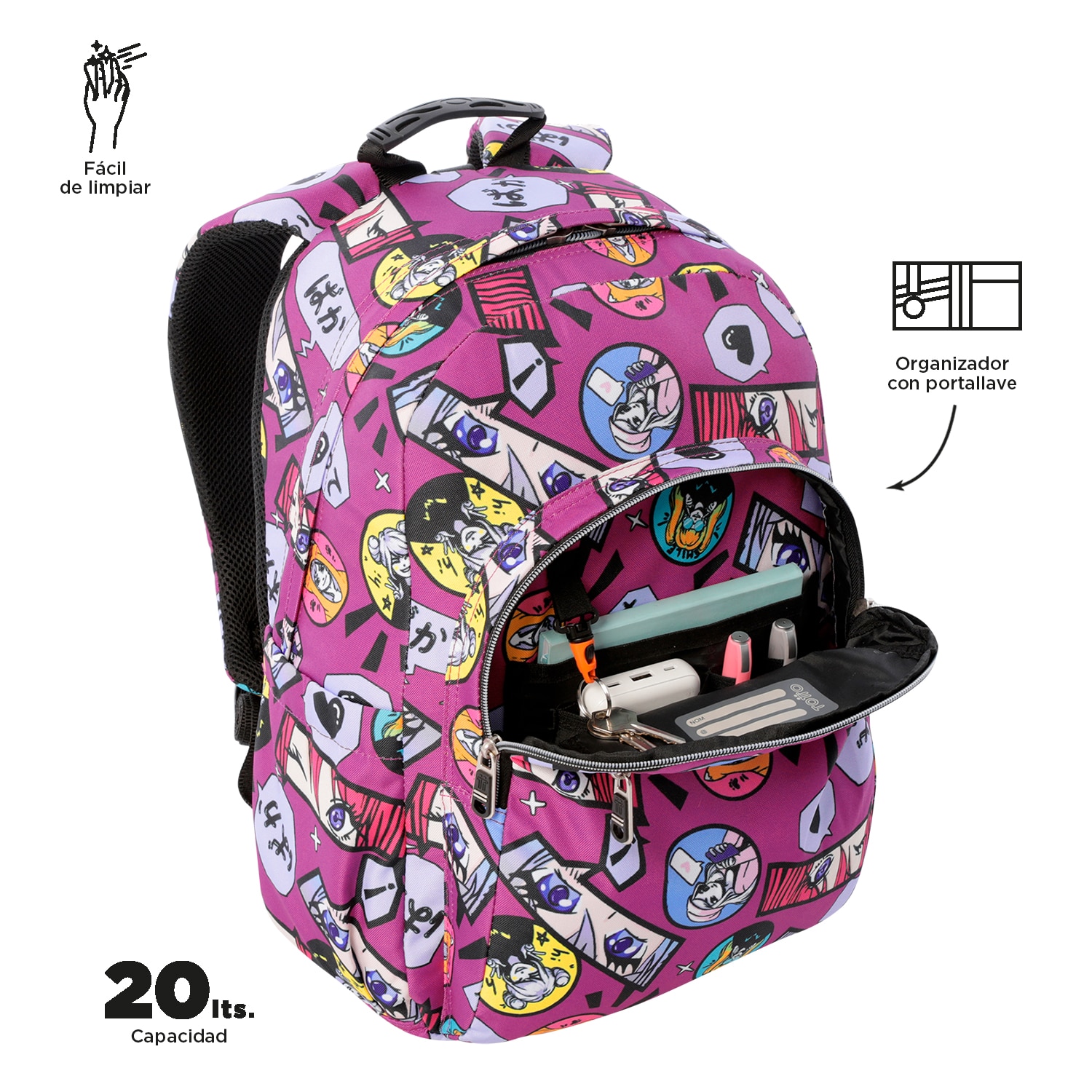 Imagen 5 de Mochila urbana totto acuareles kitsune con ruedas y organizador interior Morado