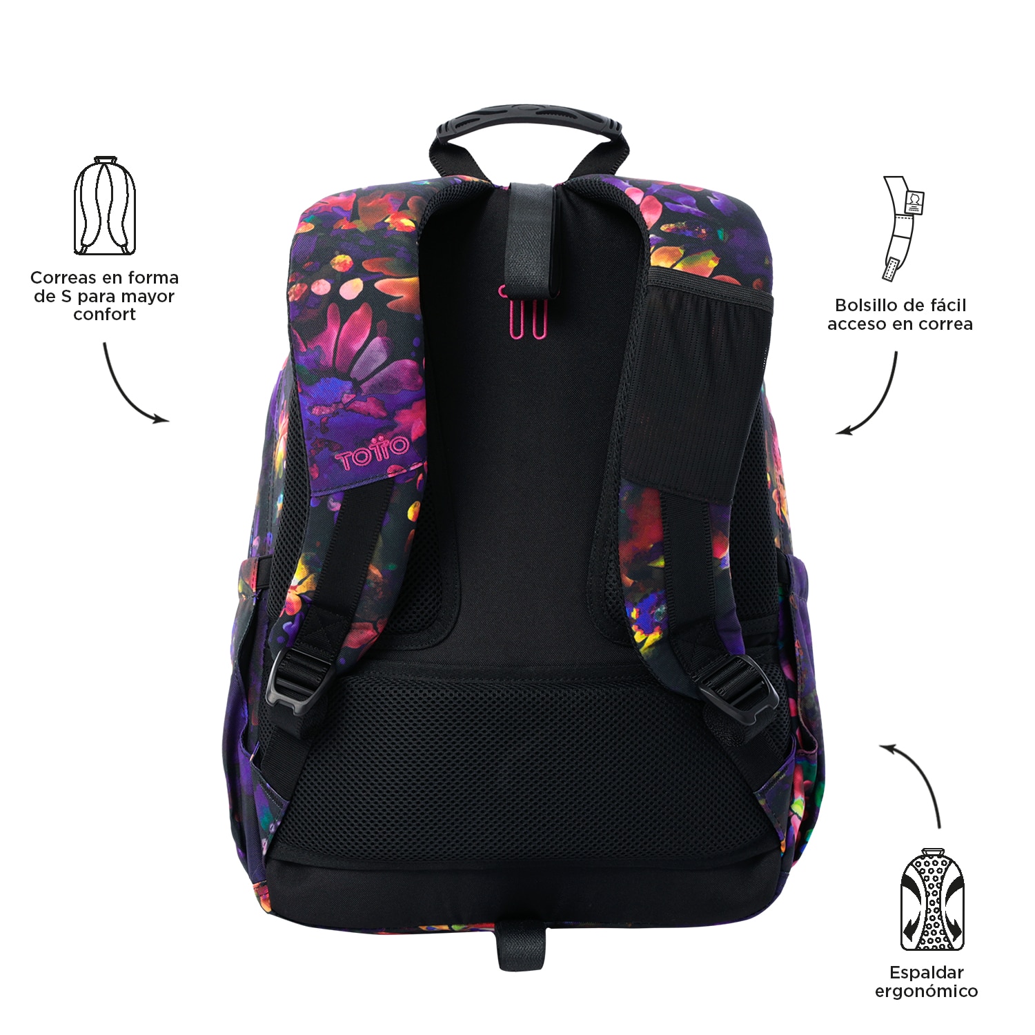Imagen 3 de Mochila escolar totto acuareles flower galaxy para portátil de 14” y adaptable a carro Multicolor