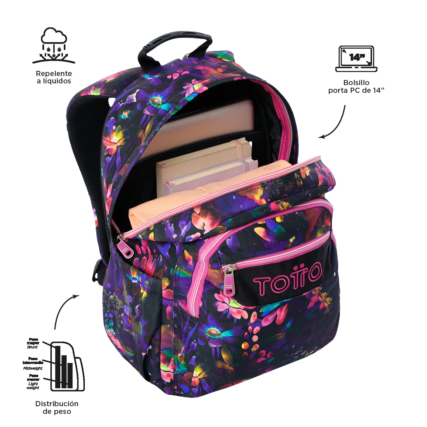 Imagen 4 de Mochila escolar totto acuareles flower galaxy para portátil de 14” y adaptable a carro Multicolor