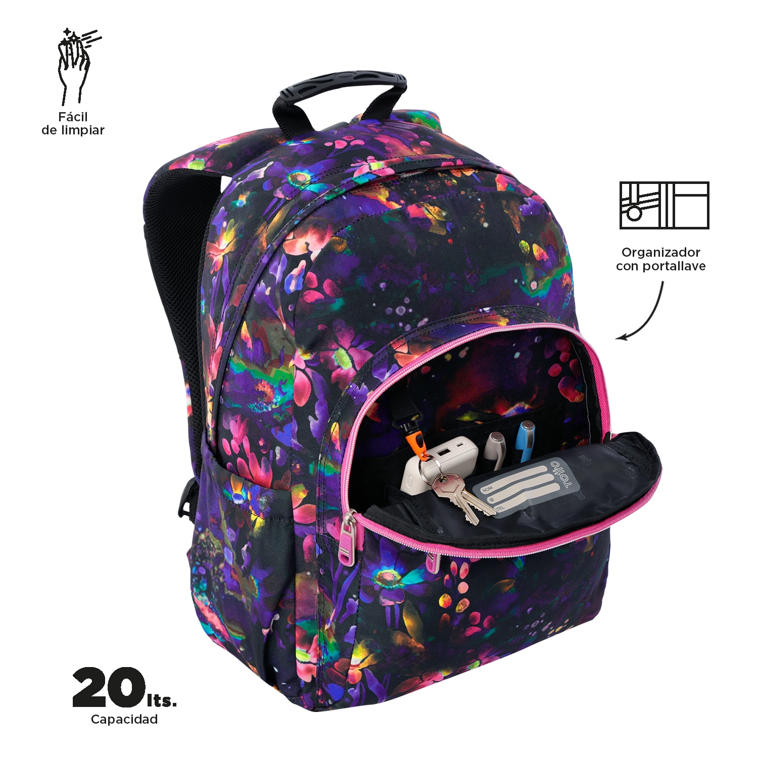 Imagen 5 de Mochila escolar totto acuareles flower galaxy para portátil de 14” y adaptable a carro Multicolor