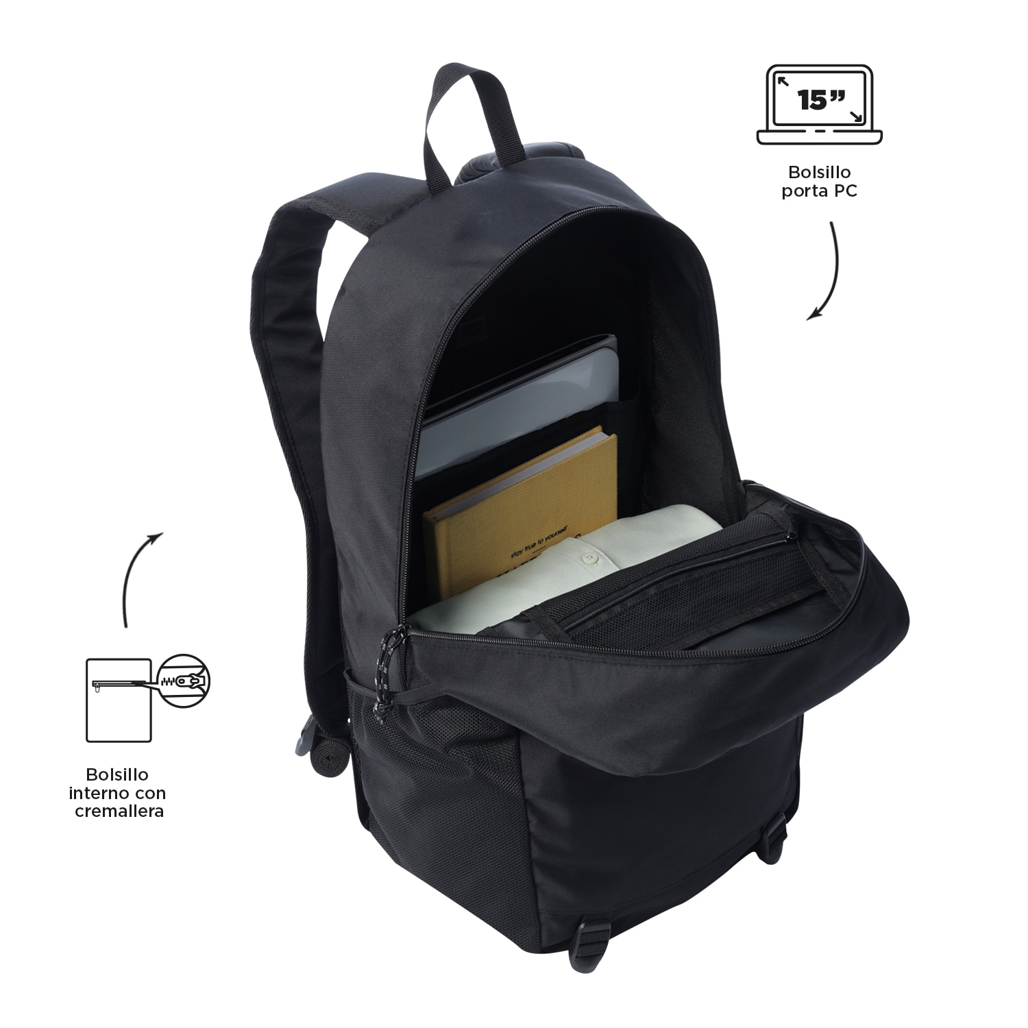 Mochila urbana totto rambo con bolsillo para botella y organizador interior Negro-5