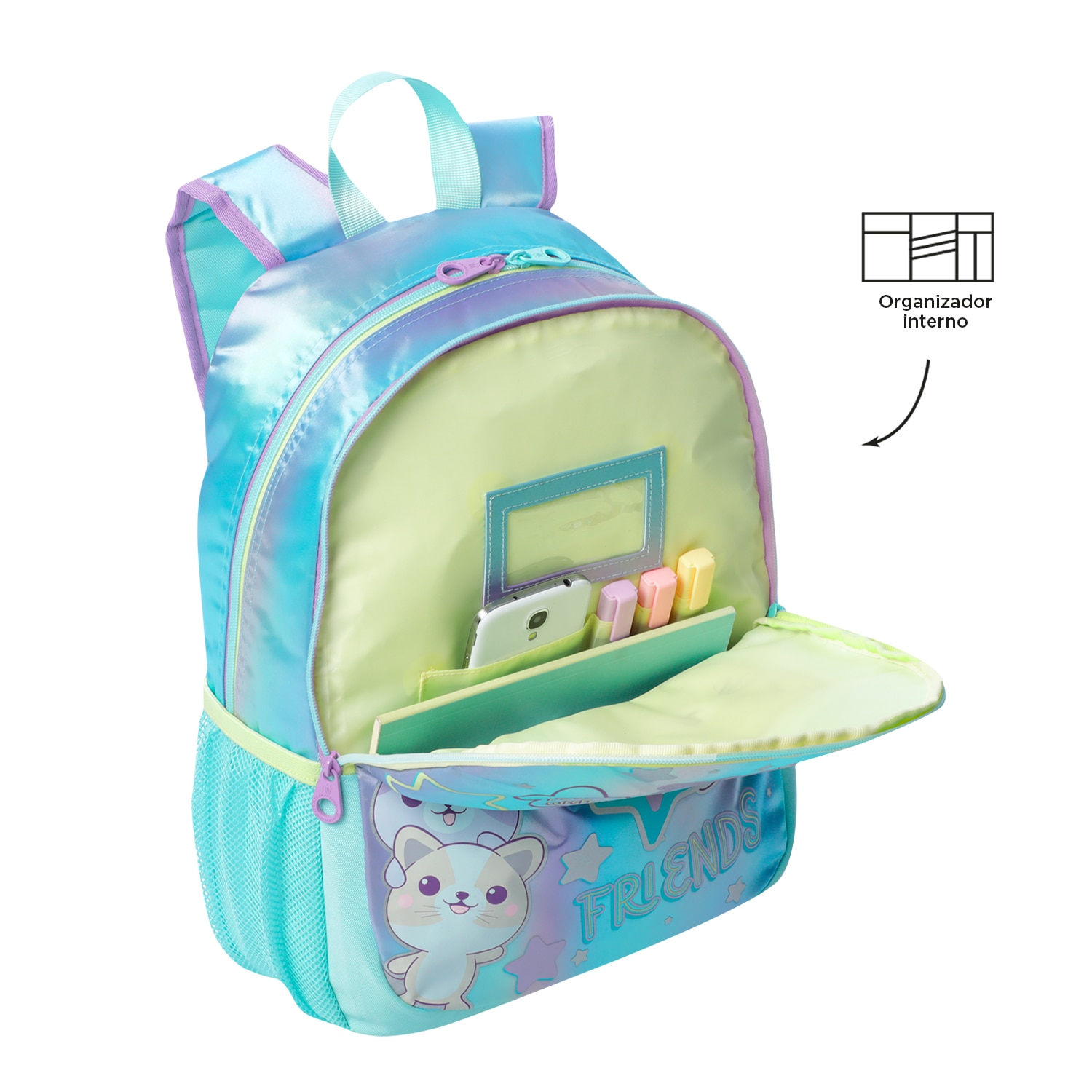 Mochila infantil totto friends con bolsillos laterales y bolsillo frontal Turquesa-6
