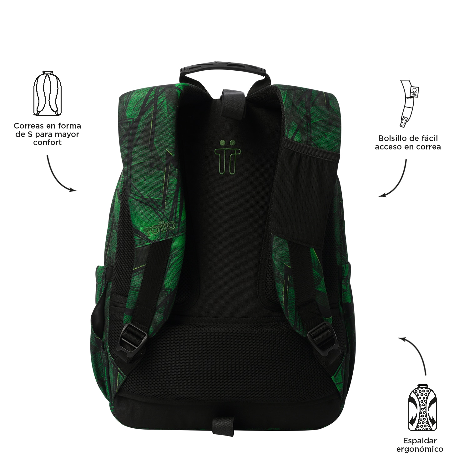 Mochila escolar totto acuareles jhony jungle para portátil de 14” y adaptable a carro Verde oscuro-3