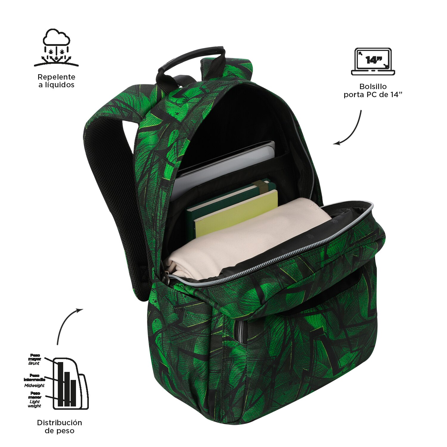 Mochila escolar totto acuareles jhony jungle para portátil de 14” y adaptable a carro Verde oscuro-4