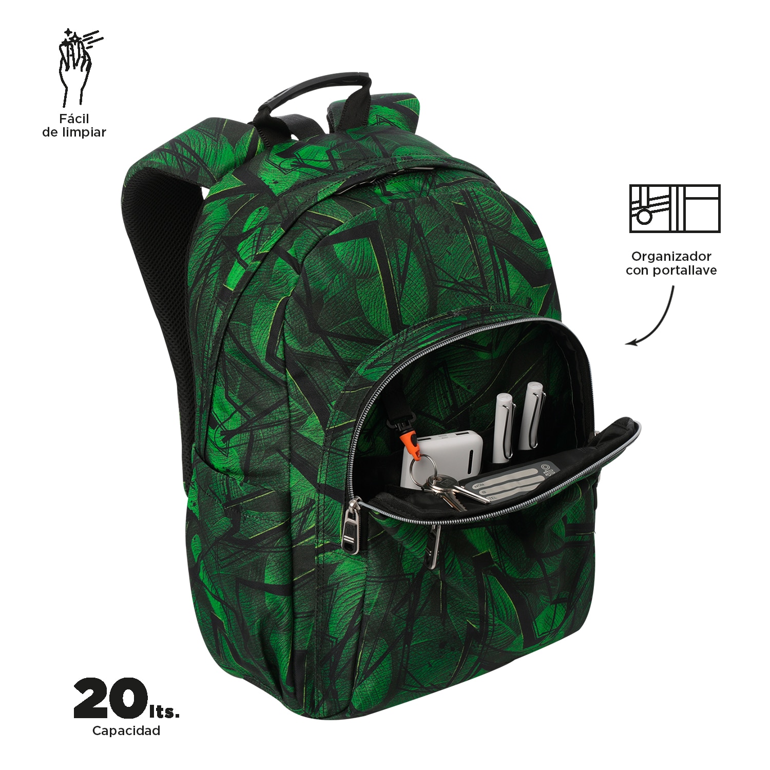 Mochila escolar totto acuareles jhony jungle para portátil de 14” y adaptable a carro Verde oscuro-5