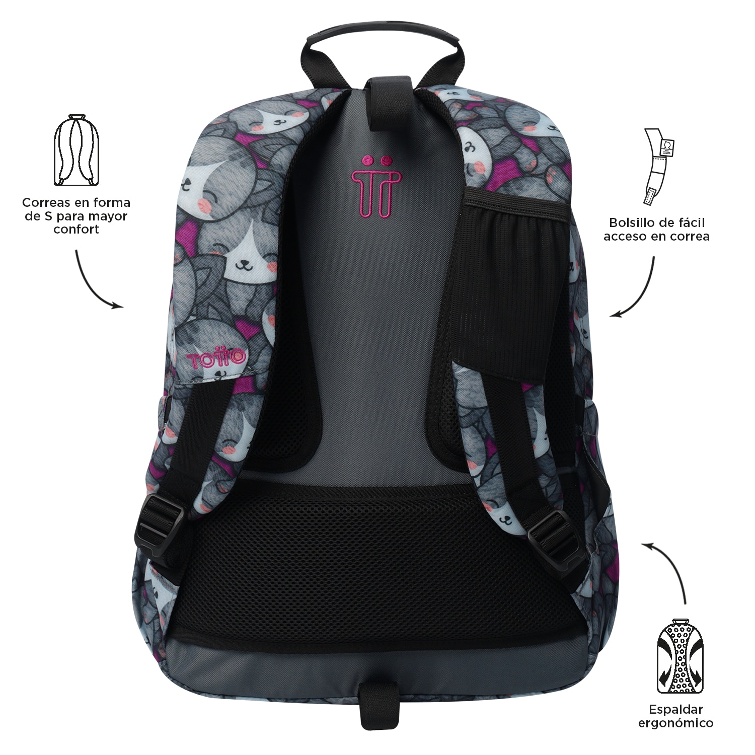 Mochila escolar totto acuareles kitten rose para portátil de 14” y adaptable a carro Gris-3