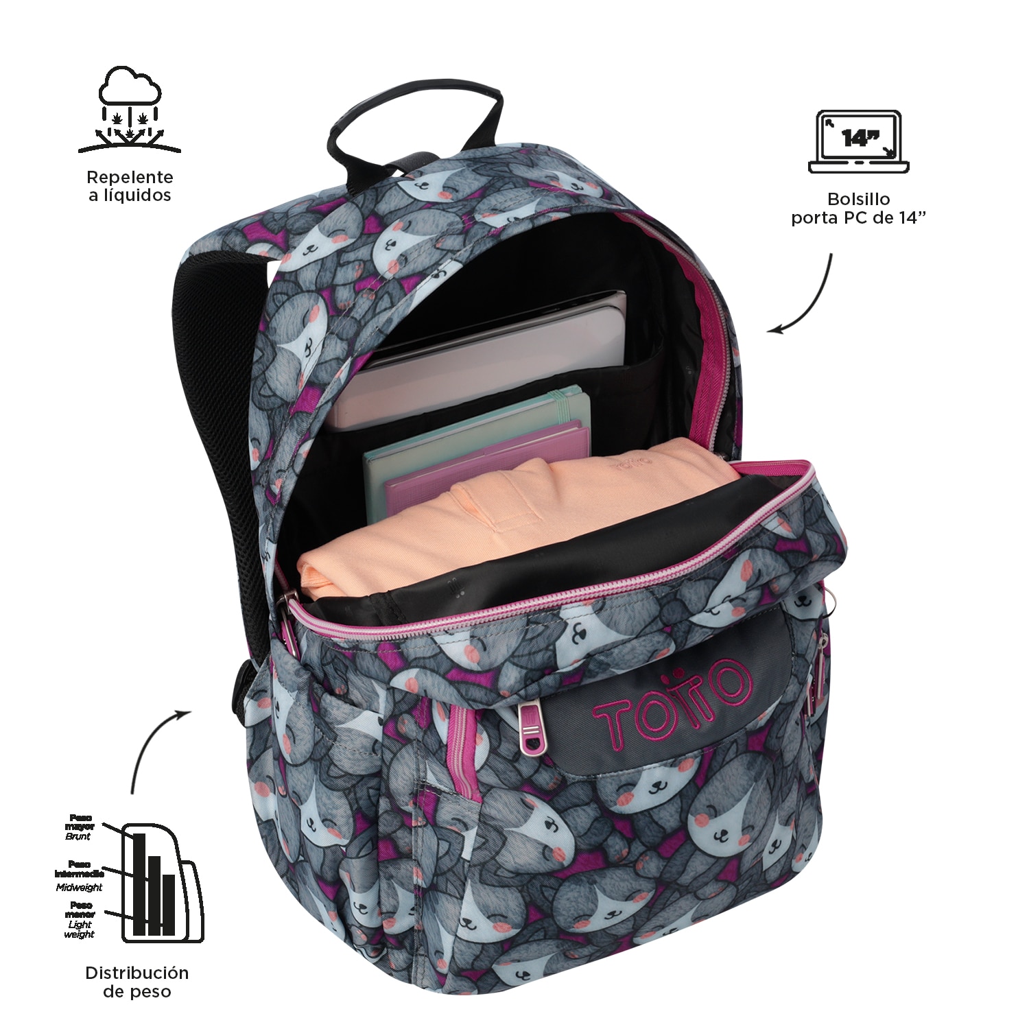 Mochila escolar totto acuareles kitten rose para portátil de 14” y adaptable a carro Gris-4