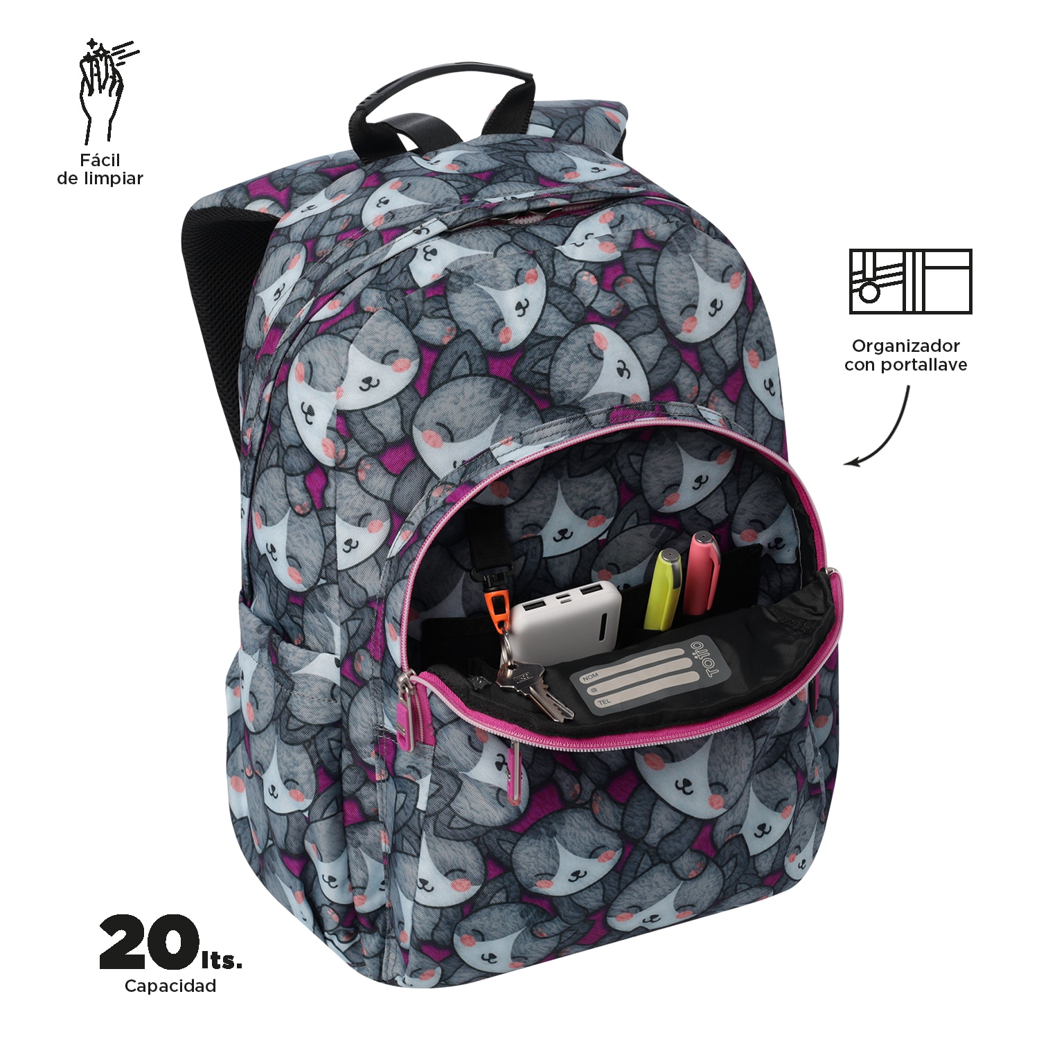 Mochila escolar totto acuareles kitten rose para portátil de 14” y adaptable a carro Gris-5