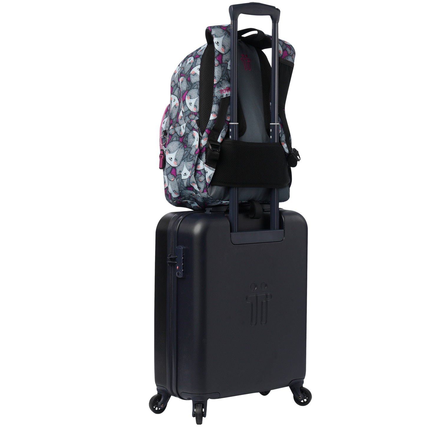 Mochila escolar totto acuareles kitten rose para portátil de 14” y adaptable a carro Gris-6