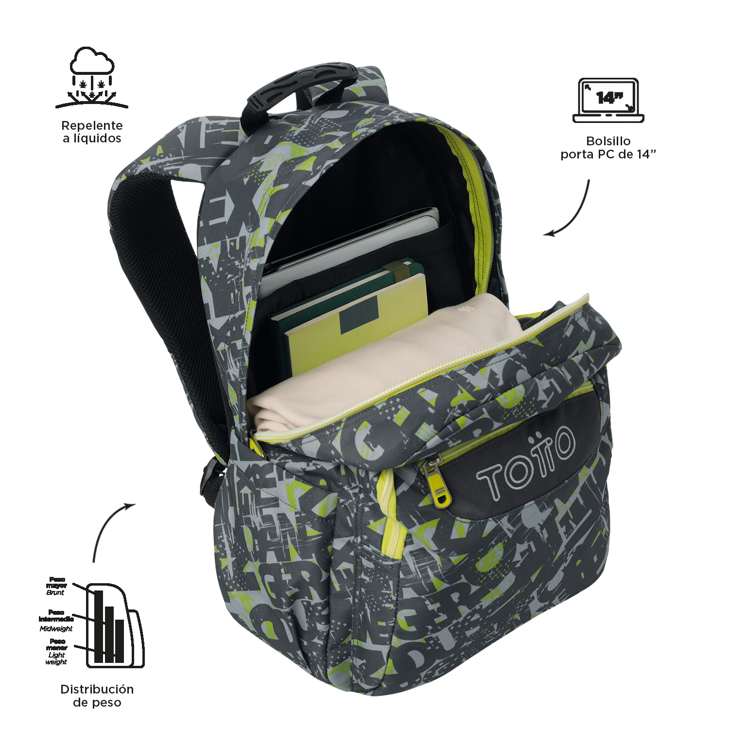 Imagen 4 de Mochila escolar totto acuareles texgrunge para portátil de 14” y adaptable a carro Gris / Amarillo
