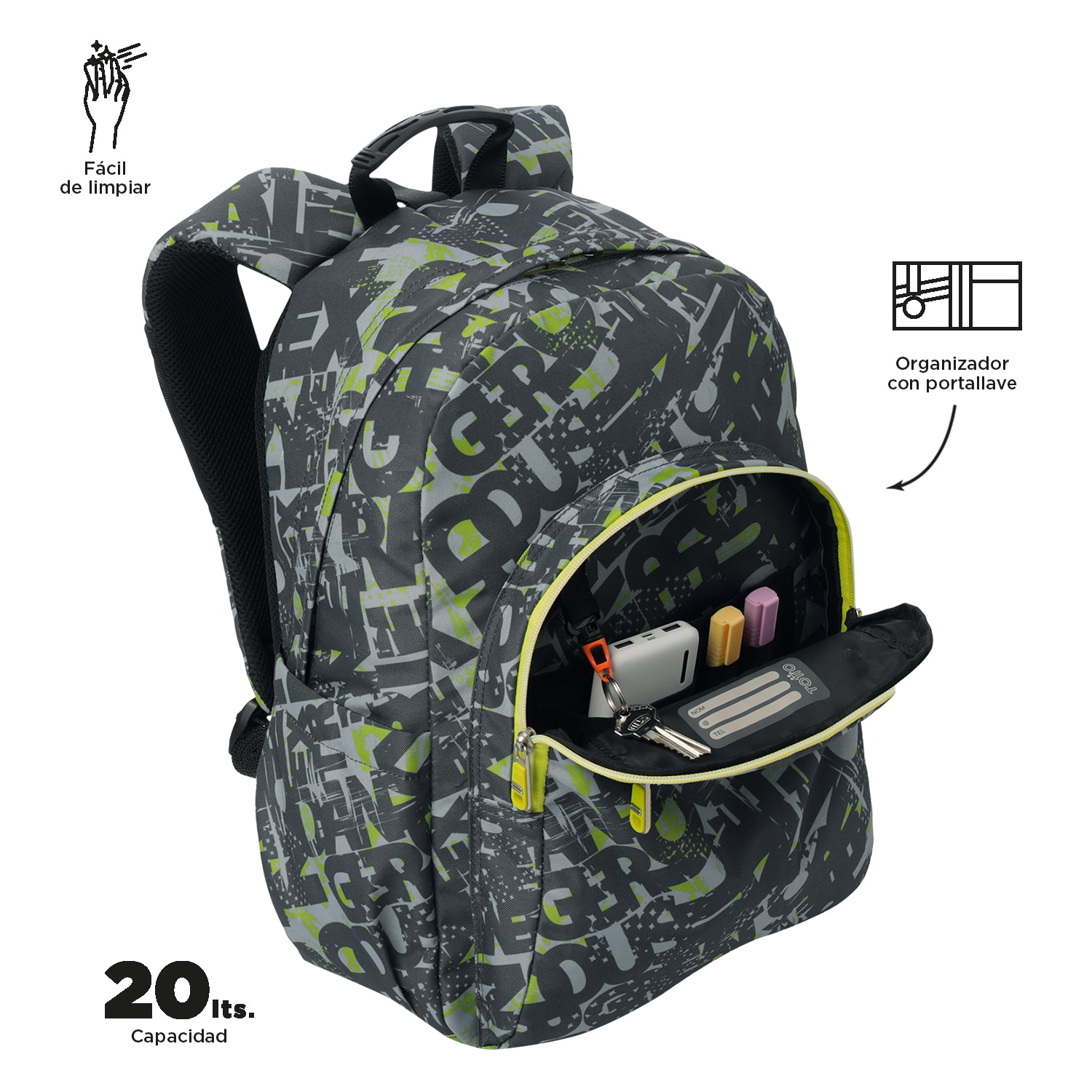 Imagen 5 de Mochila escolar totto acuareles texgrunge para portátil de 14” y adaptable a carro Gris / Amarillo