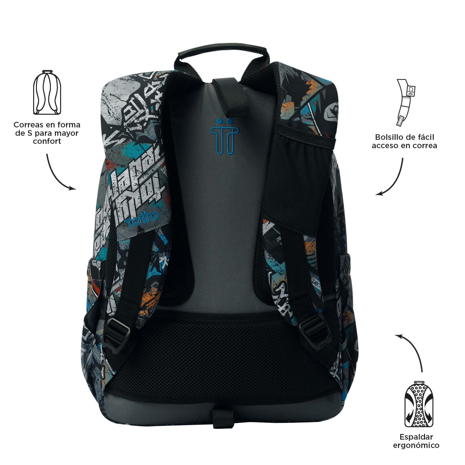 Imagen 3 de Mochila escolar totto acuareles okubo para portátil de 14” y adaptable a carro Gris / Azul