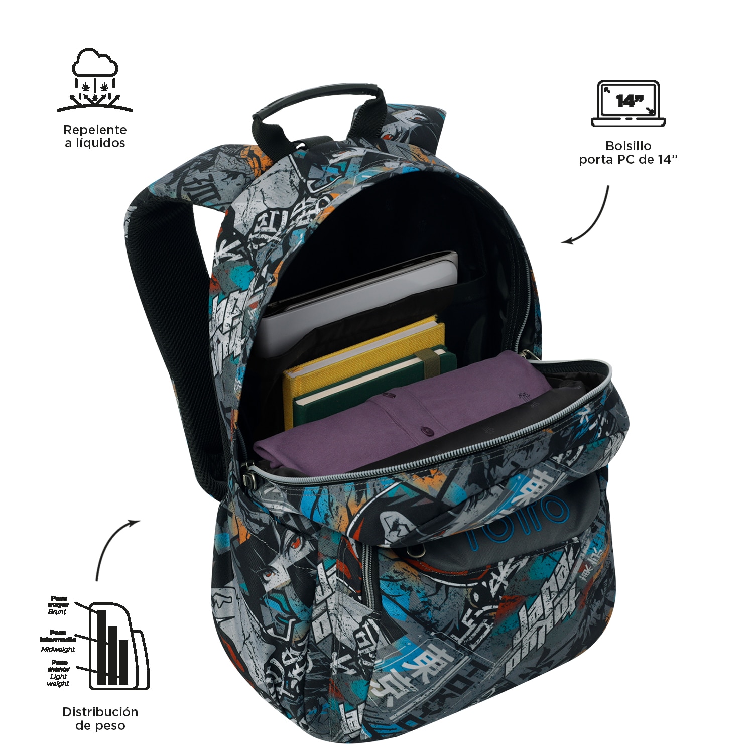 Imagen 4 de Mochila escolar totto acuareles okubo para portátil de 14” y adaptable a carro Gris / Azul